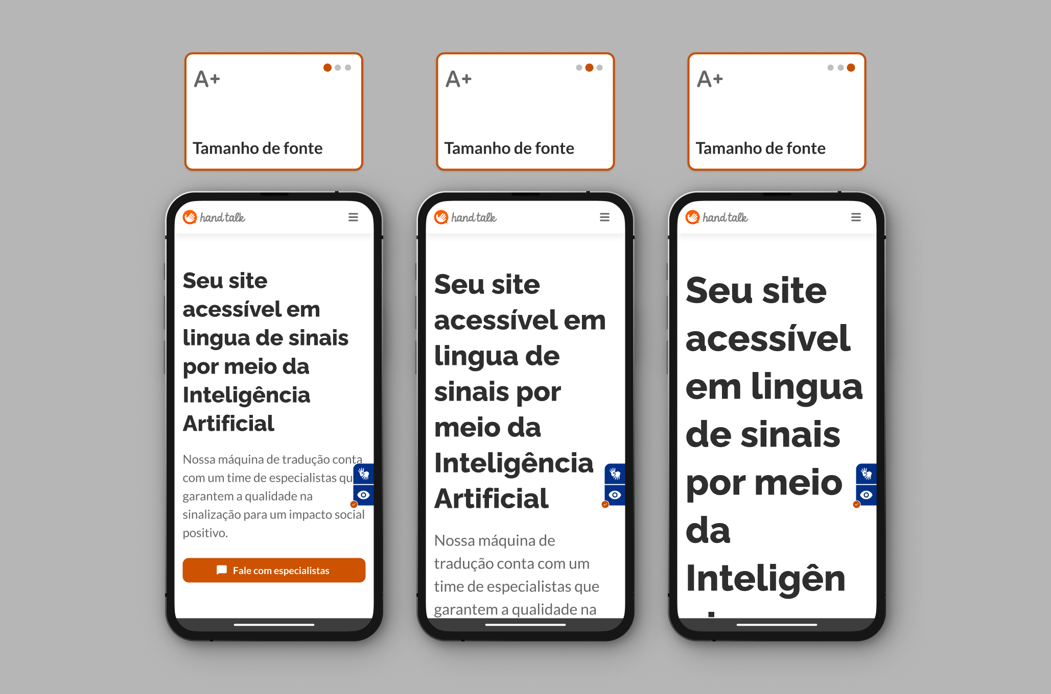 Montagem com as três opções de aumento do tamanho da fonte no site da Hand Talk