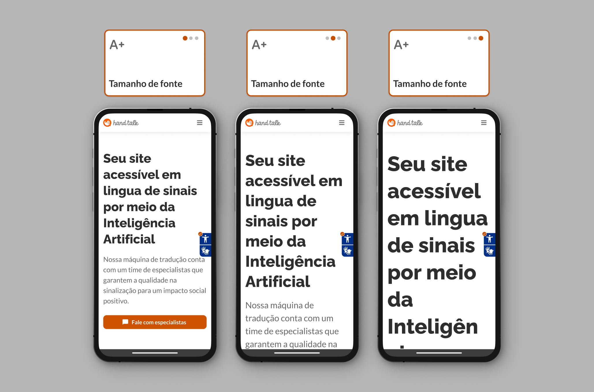 Montagem com as três opções de aumento do tamanho da fonte no site da Hand Talk