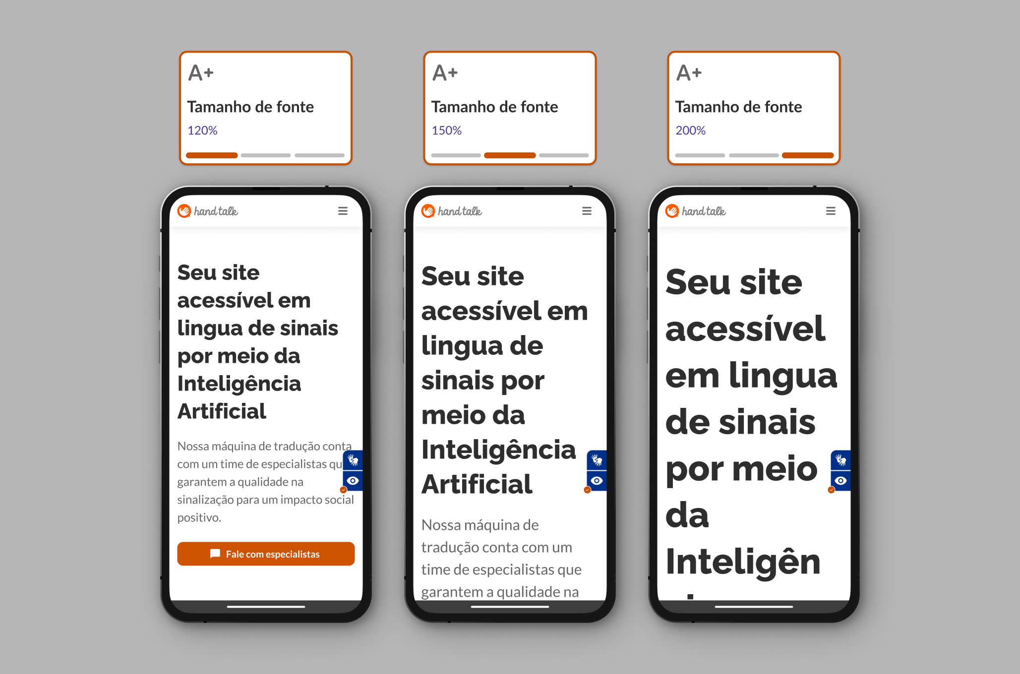 Montagem com as três opções de aumento do tamanho da fonte no site da Hand Talk