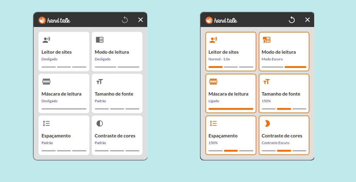Tela de Recursos Assistivos sem nenhum recurso ativada á esquerda e tela de recursos assistivos com todos os recursos ativados á direita