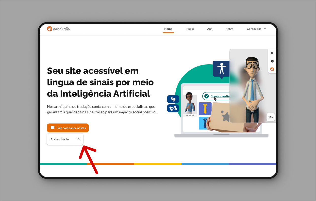 Janela de Libras aberta com o Hugo parado e uma seta apontando para o botão Acessar Link