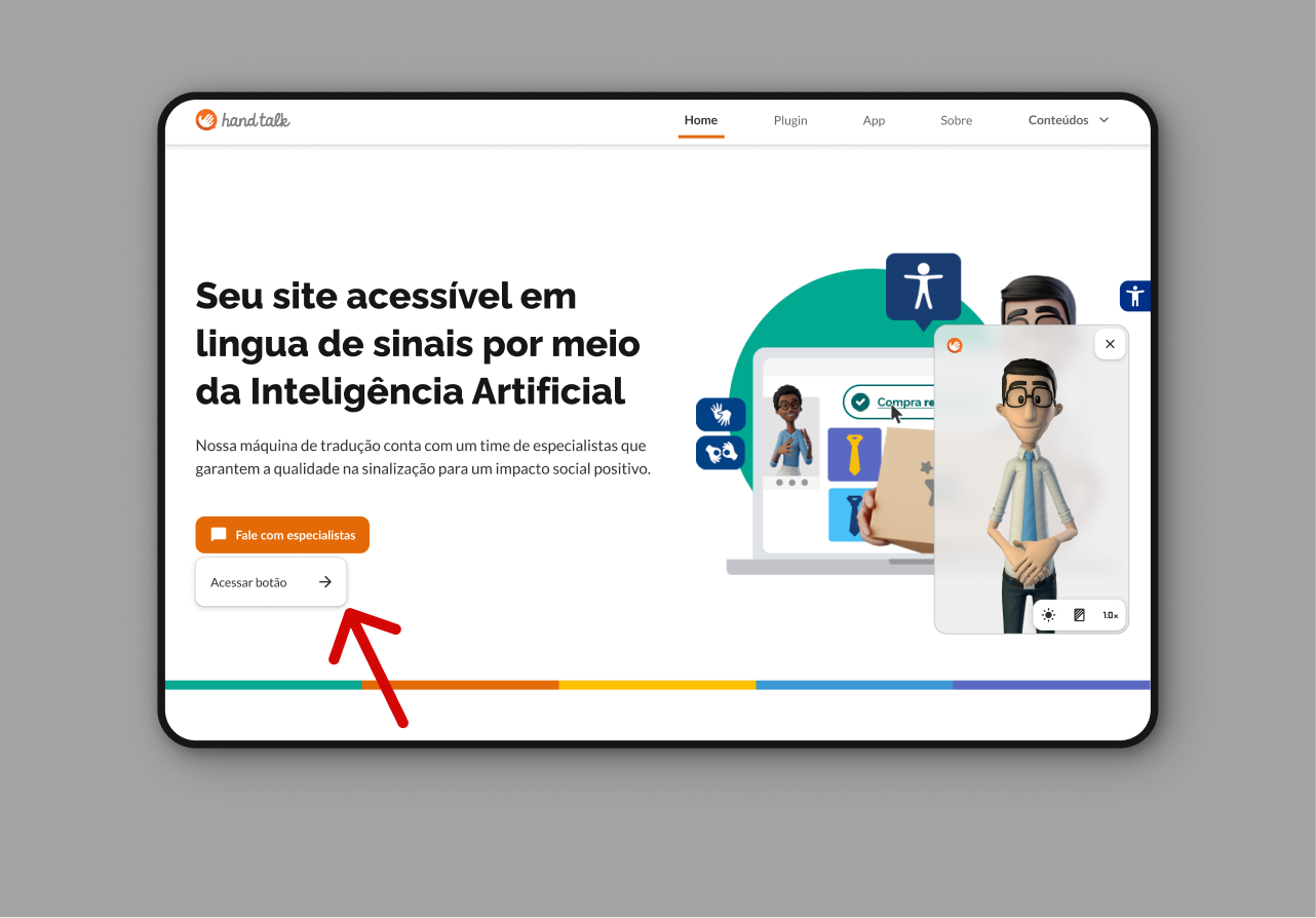 Janela de Libras aberta com o Hugo parado e uma seta apontando para o botão Acessar Link