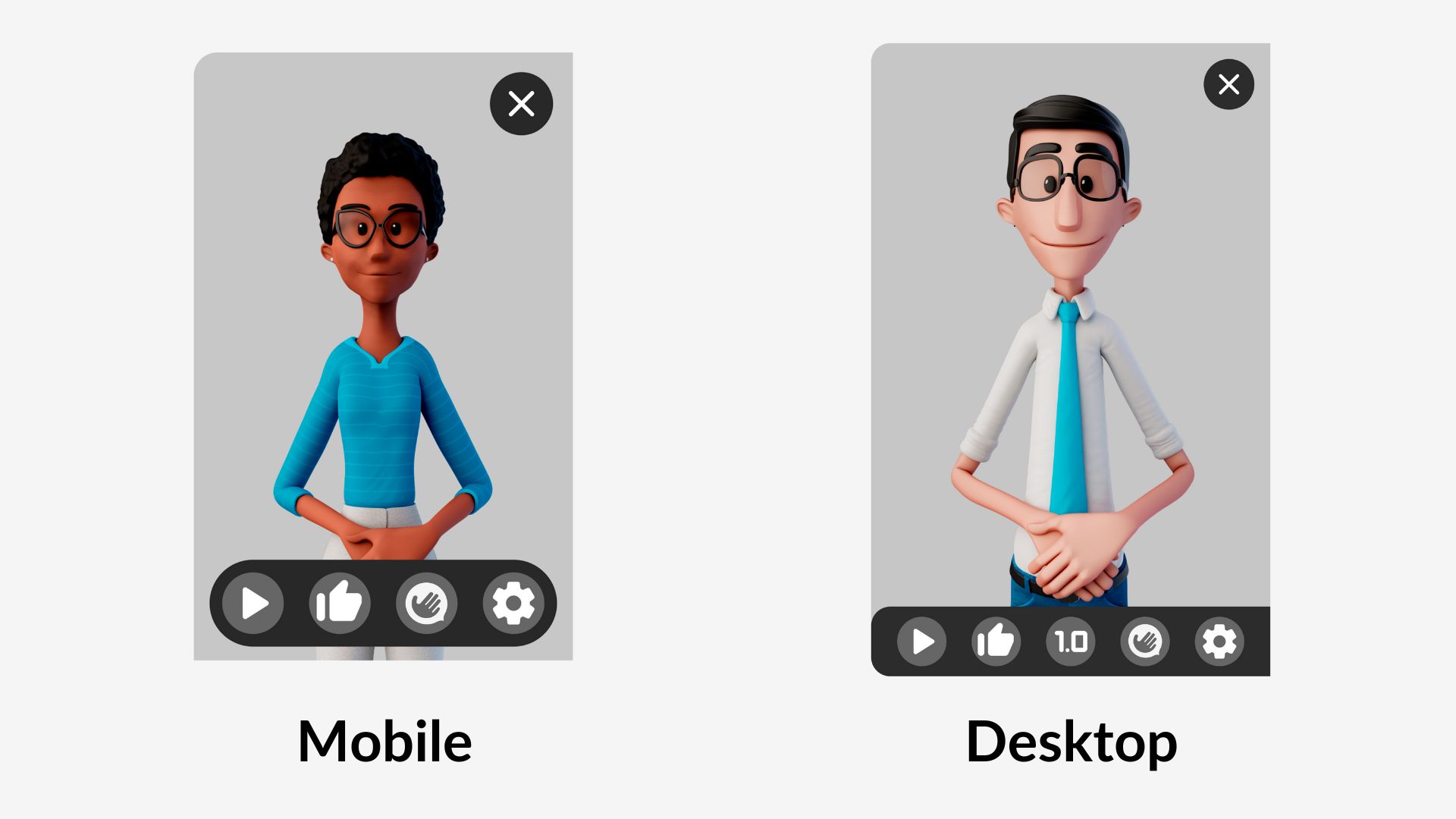 Janela do Tradutor de Sites na versão mobile e aberta com a Maya parada e ao lado na versão desktop com o Hugo parado