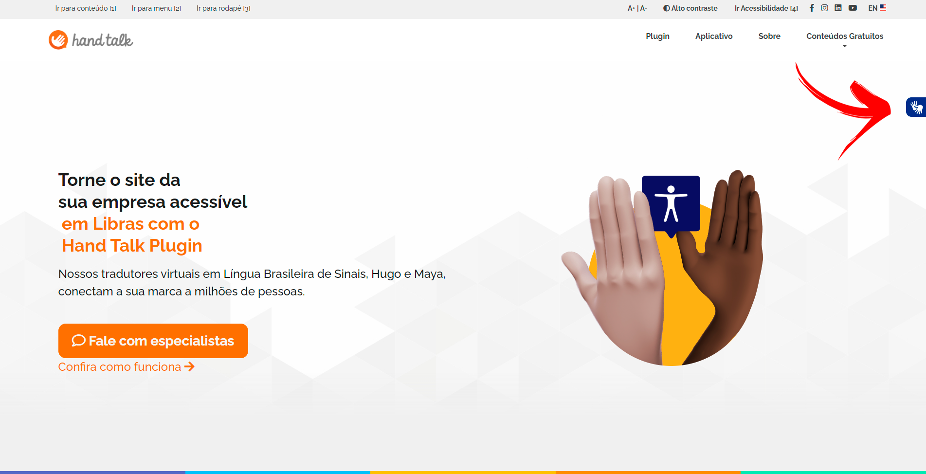 Site da Hand Talk com uma seta indicando o plugin ao lado direito.