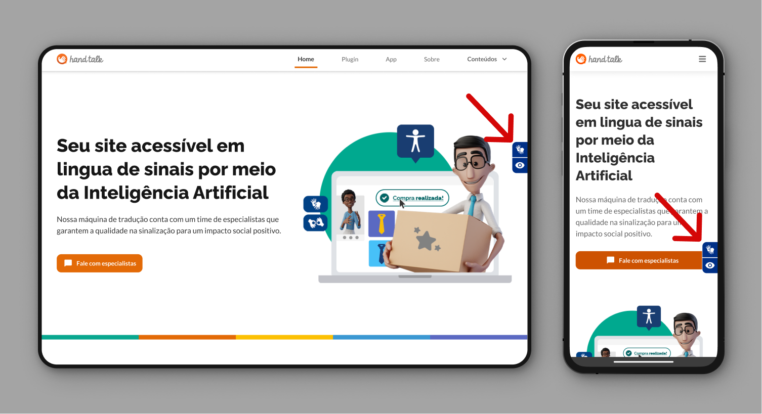 Site da Hand Talk com uma seta indicando o plugin ao lado direito.