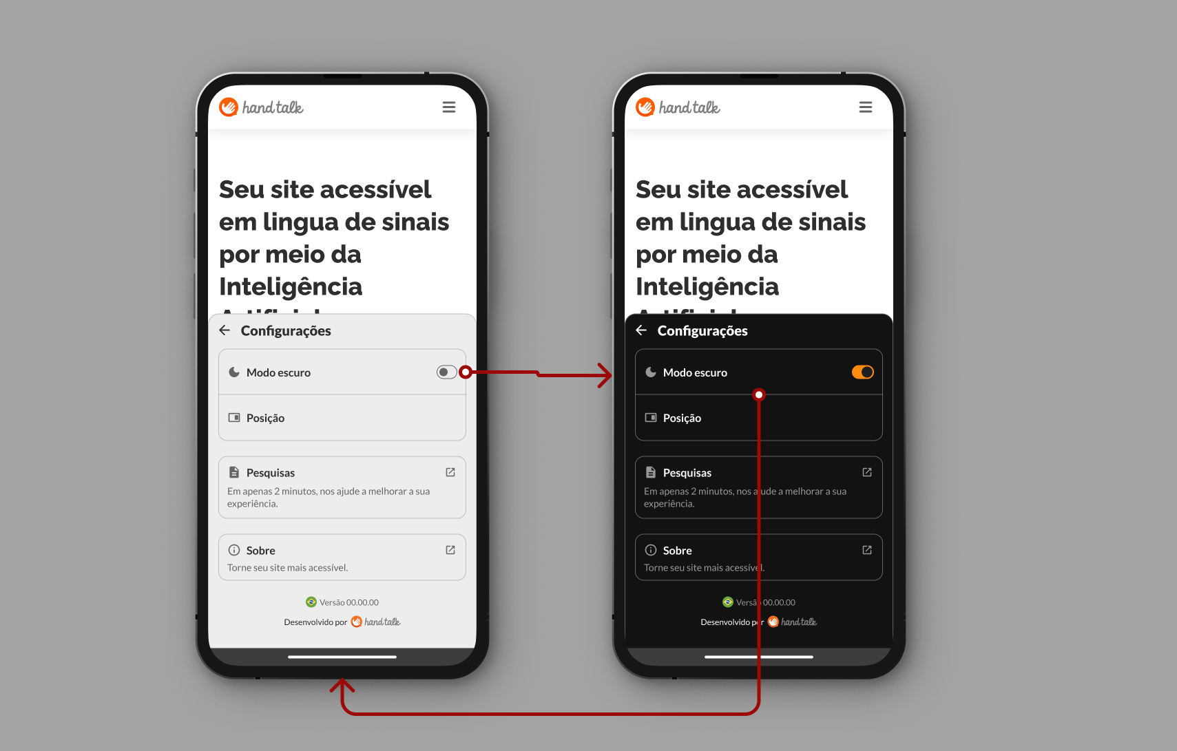 Configurações abertas sinalizando o botão que altera entre Modo Claro e Escuro.
