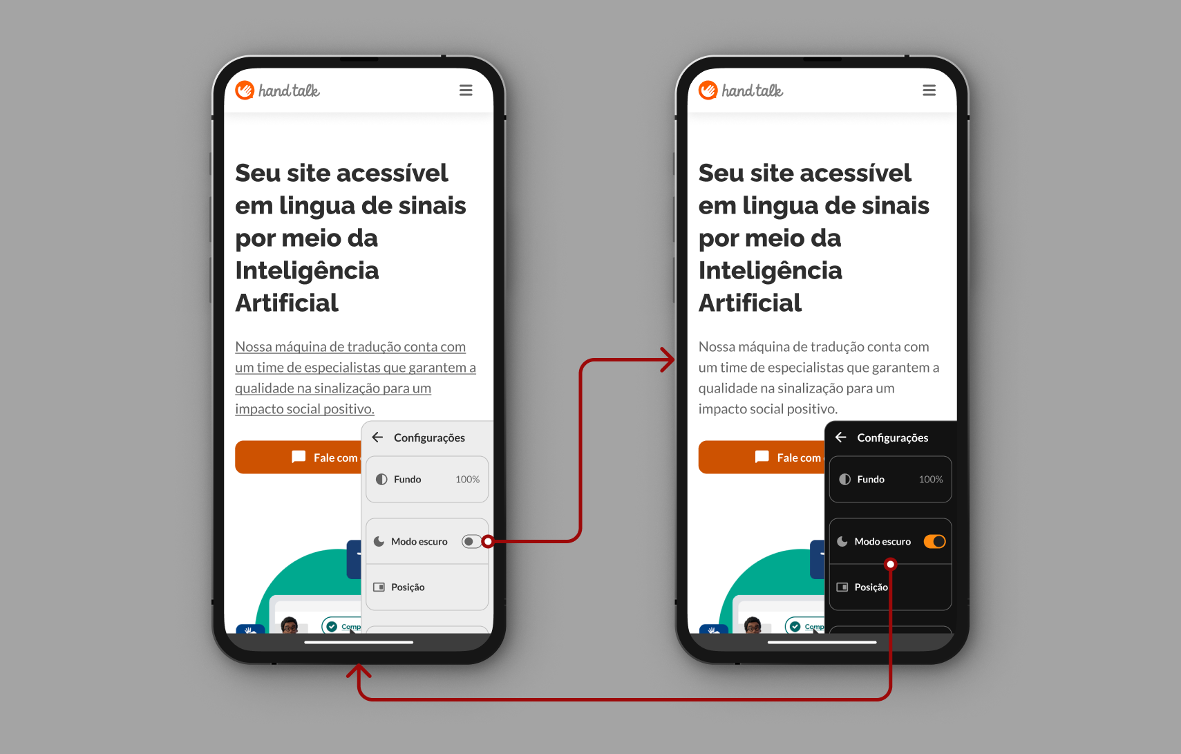 Configurações abertas sinalizando o botão que altera entre Modo Claro e Escuro.