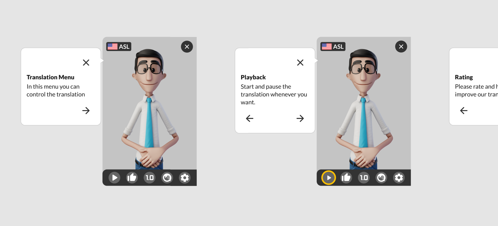 Fluxo de tutorial do plugin com tag demonstrando estar traduzindo para ASL