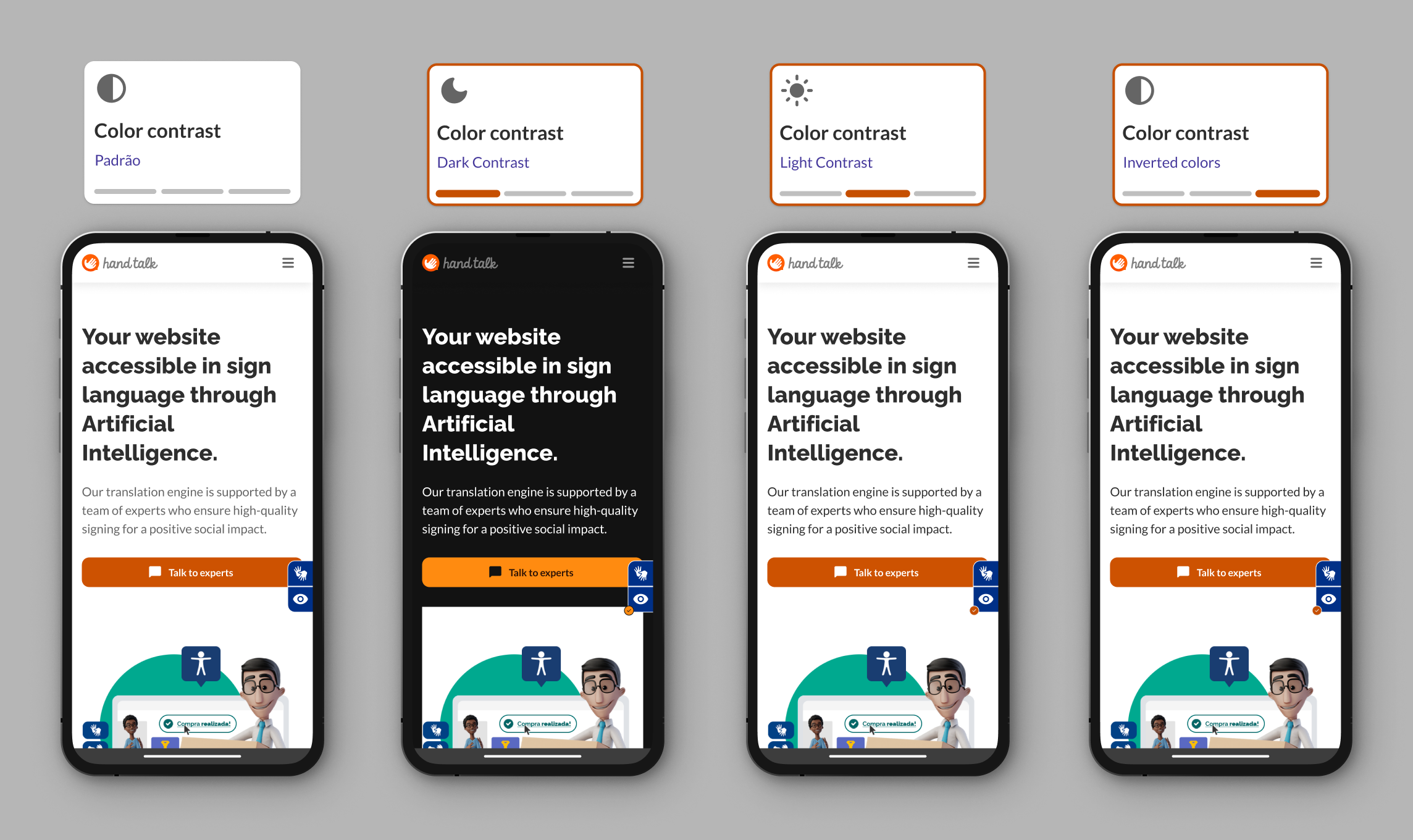 Montage with the three color contrast options on the Hand Talk website
