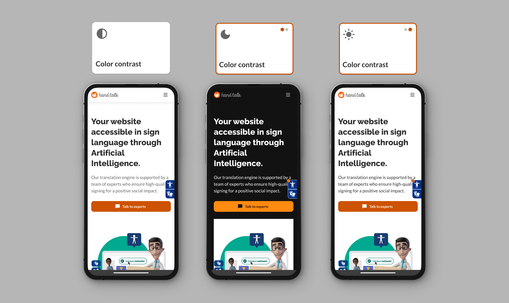 Montage showing the three color contrast options on the Hand Talk site