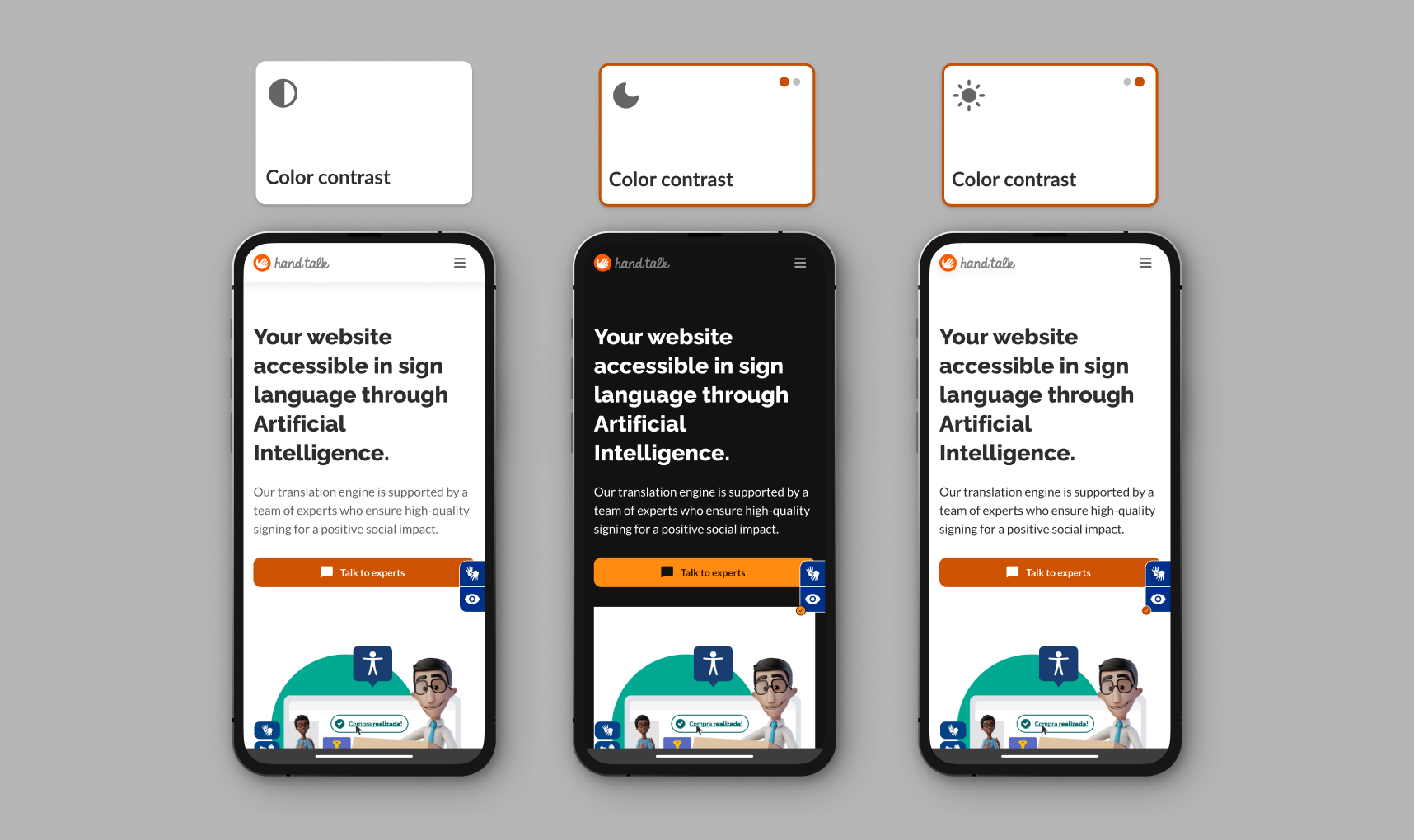 Montage showing the three color contrast options on the Hand Talk site