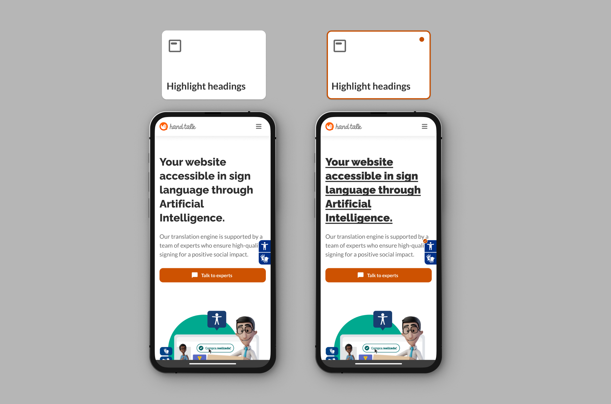Screen showing Highlight Headings usage on the Hand Talk site