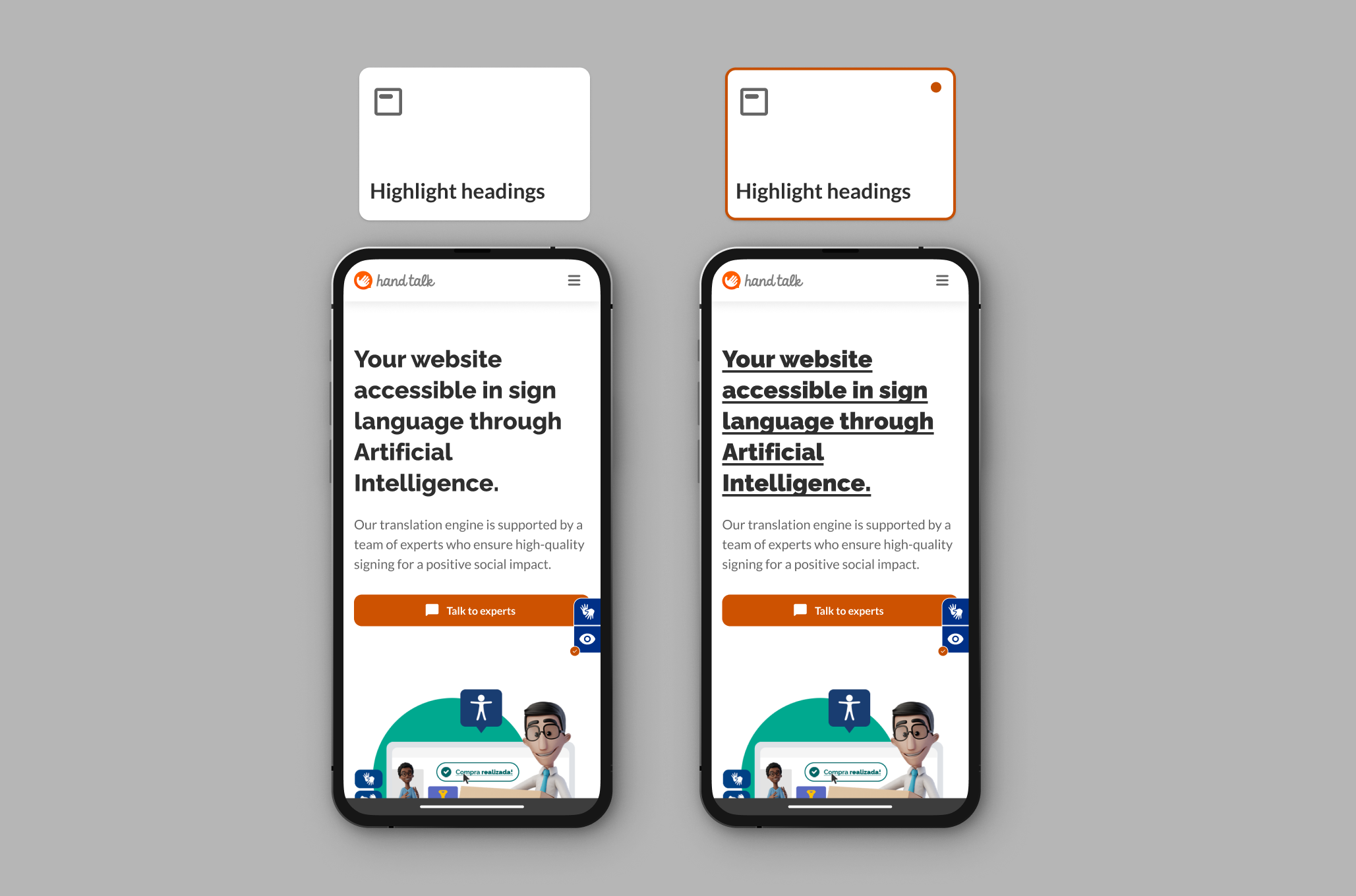 Screen showing Highlight Headings usage on the Hand Talk site