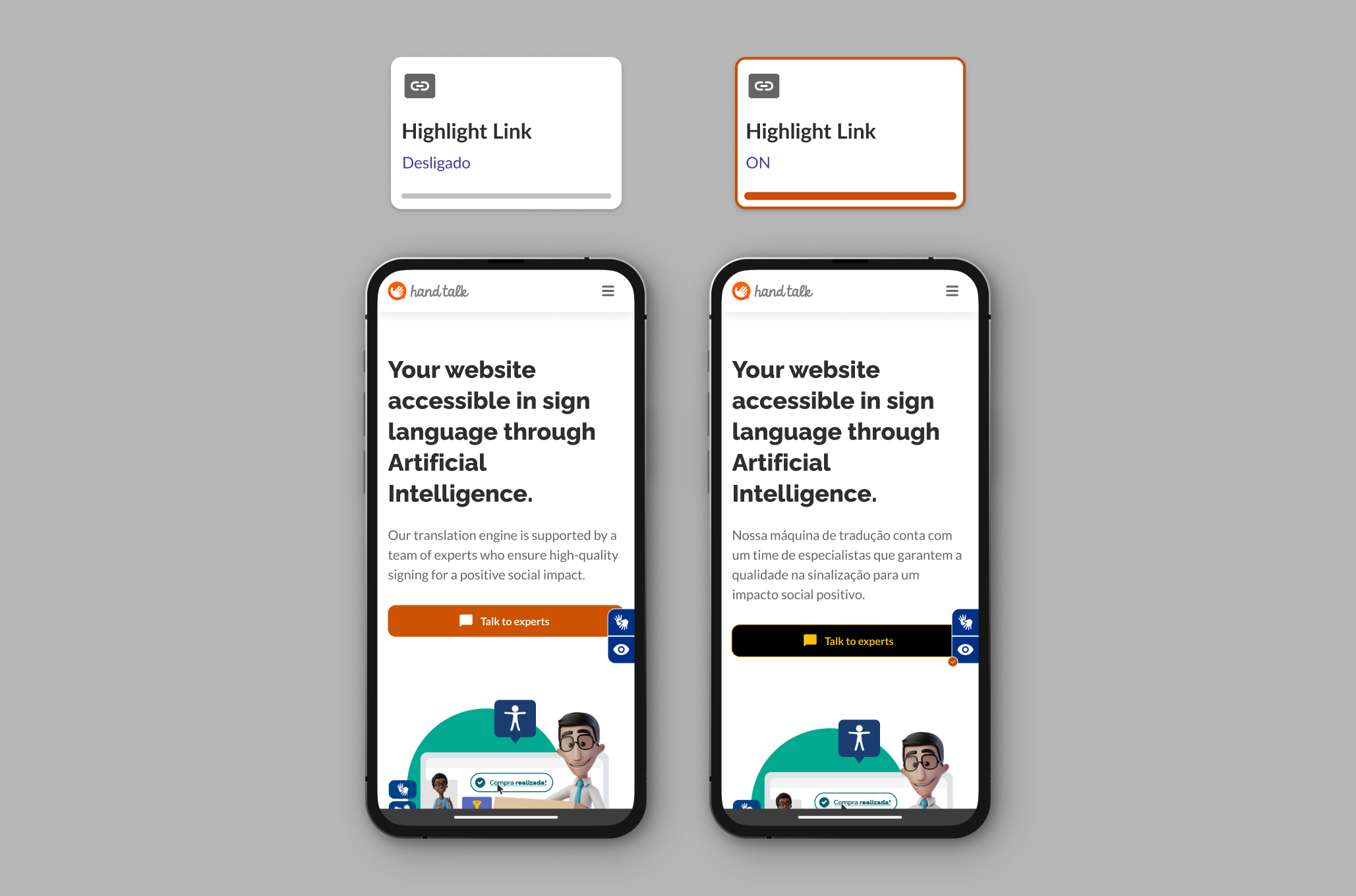 Comparison of link highlighting enabled/disabled on the Hand Talk website