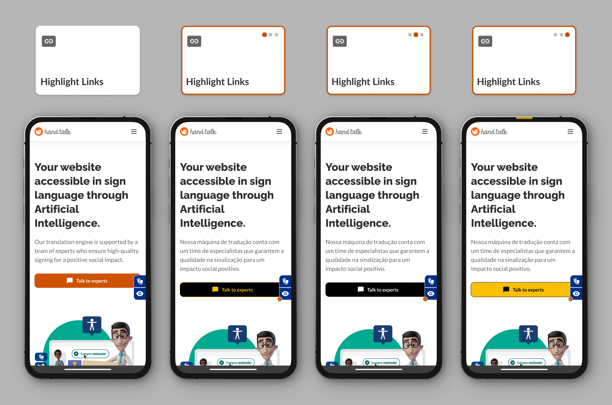 Comparison of the Highlight Links feature activated and deactivated on the Hand Talk site