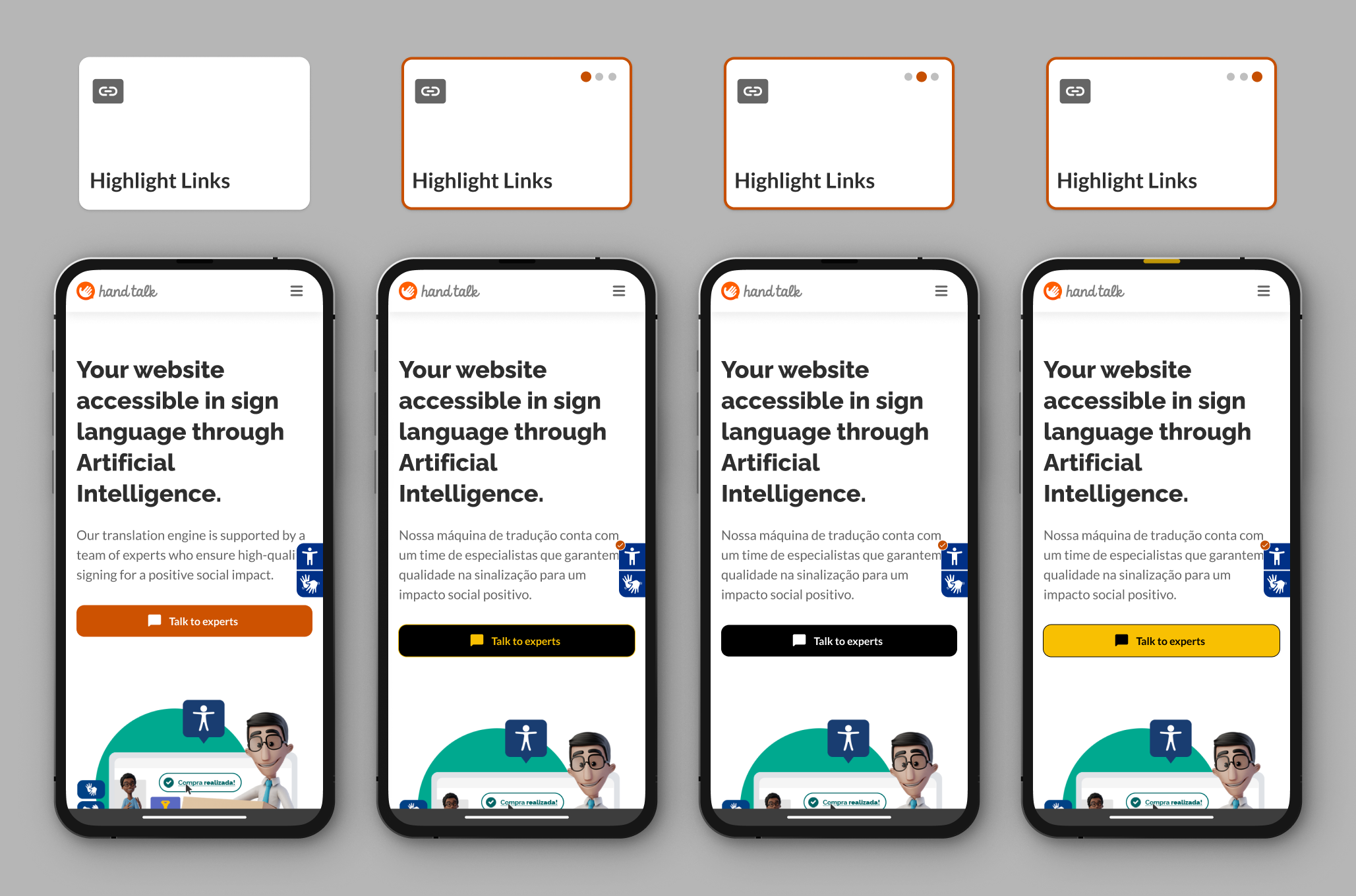 Comparison of the Highlight Links feature activated and deactivated on the Hand Talk site