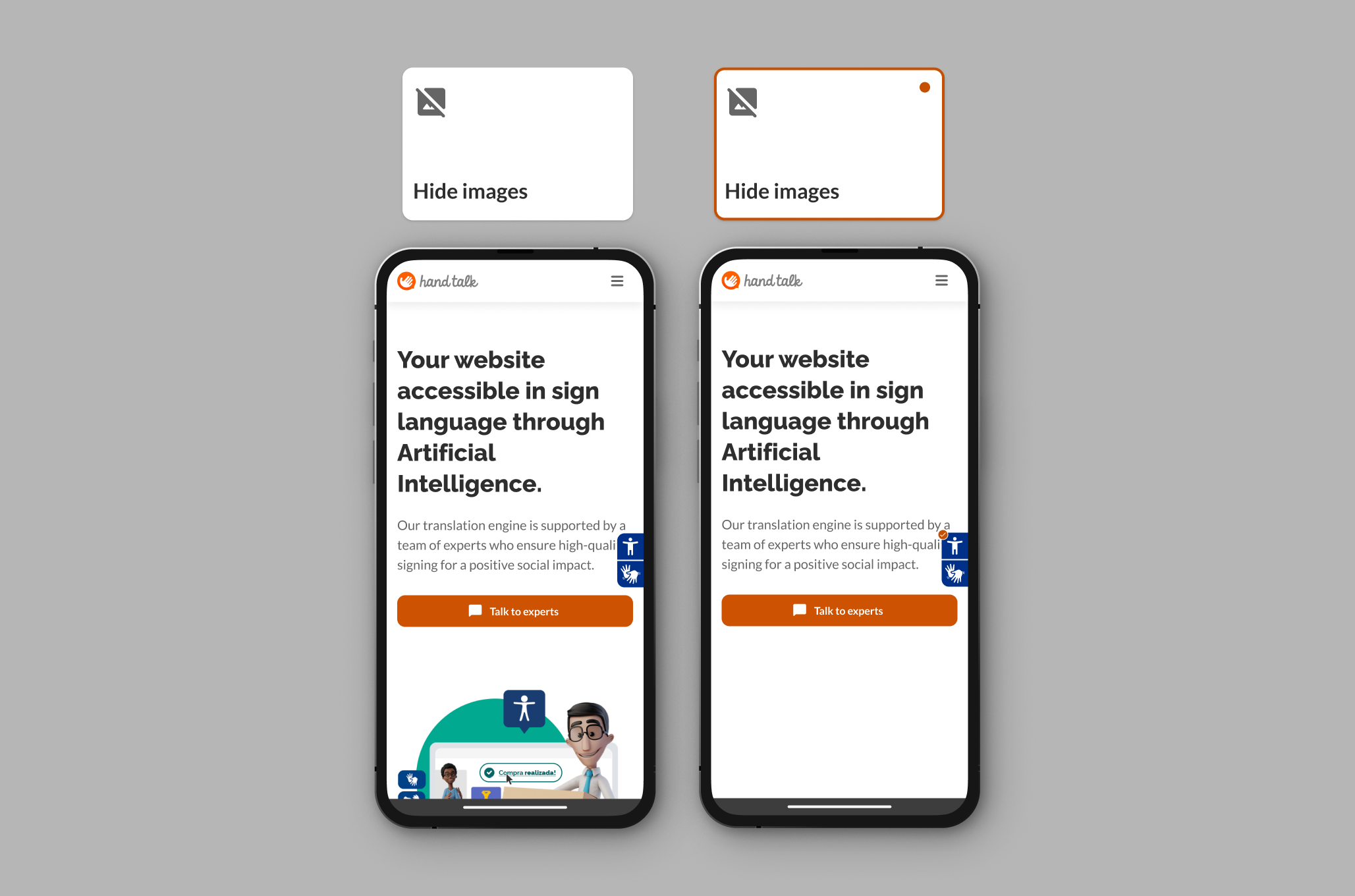Screen showing Hide Images usage on the Hand Talk site