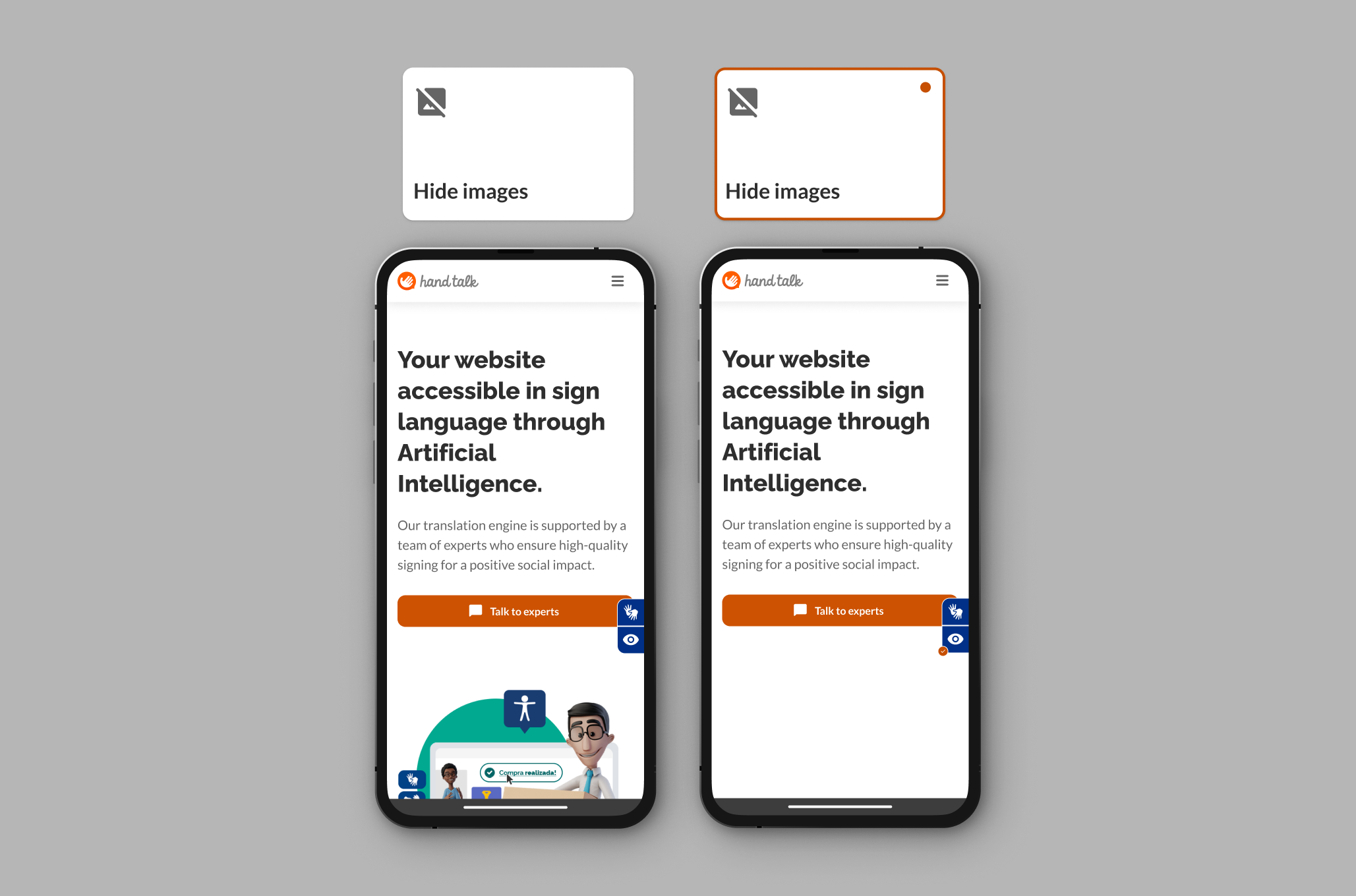 Screen showing Hide Images usage on the Hand Talk site