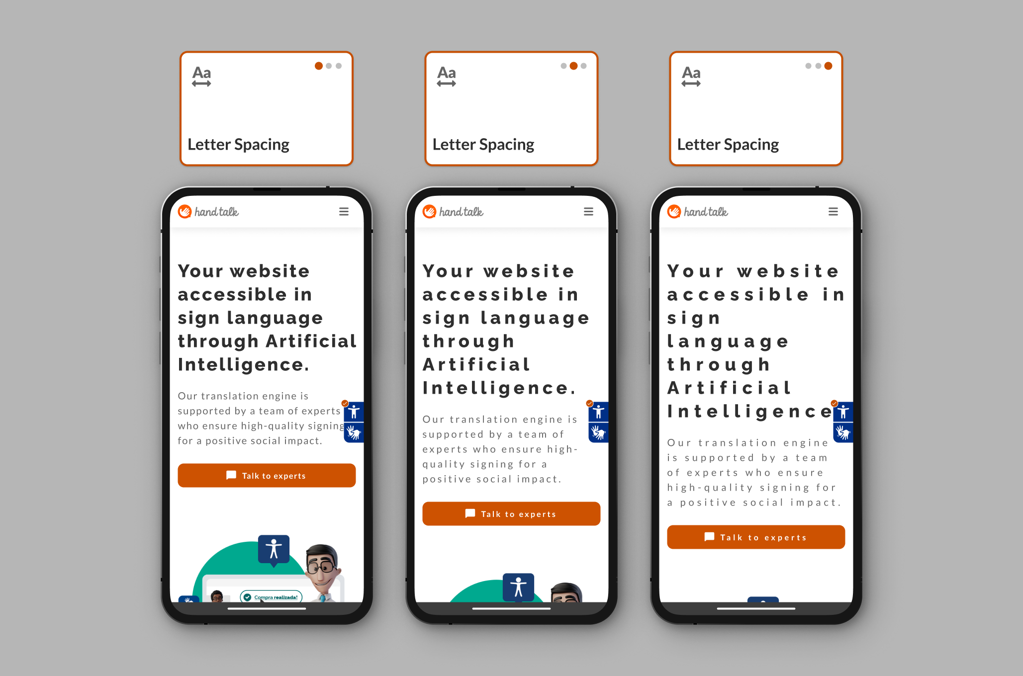 A montage showing the three letter spacing options on the Hand Talk site