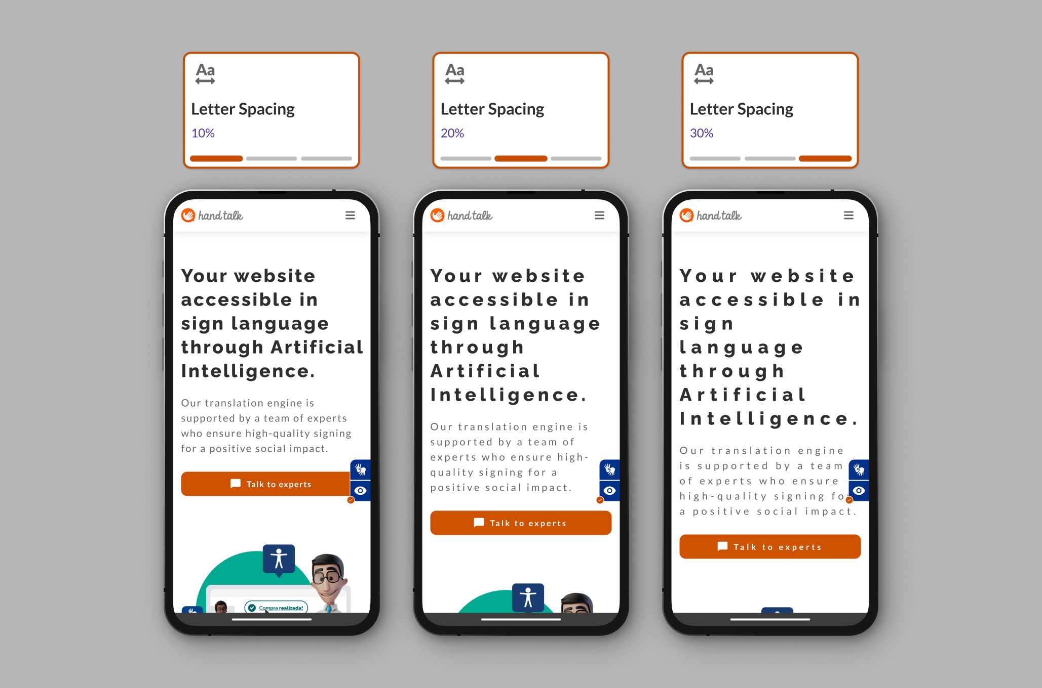 Comparison of the 120%, 150% and 200% letter spacing options on the Hand Talk website