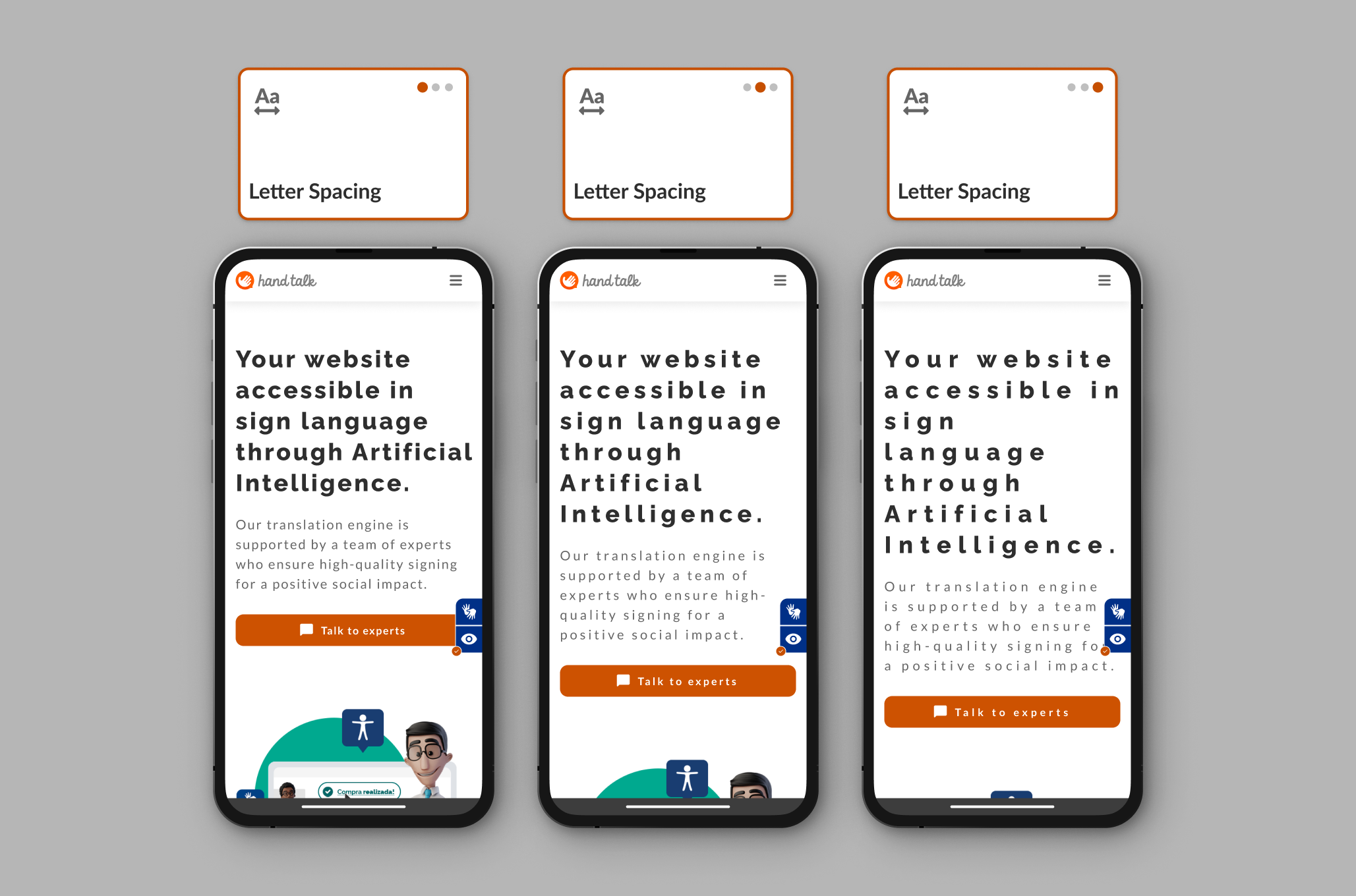 A montage showing the three letter spacing options on the Hand Talk site