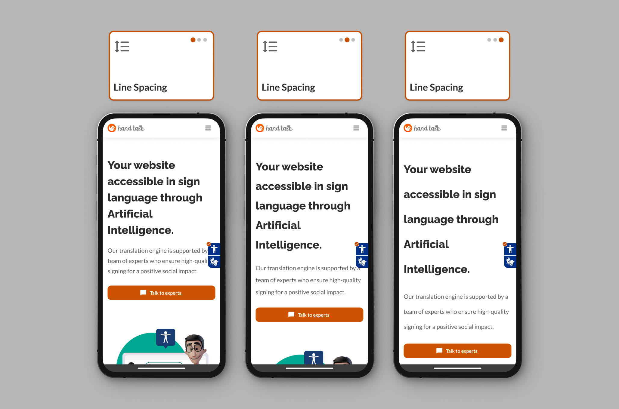 A montage showing the three line spacing options on the Hand Talk site