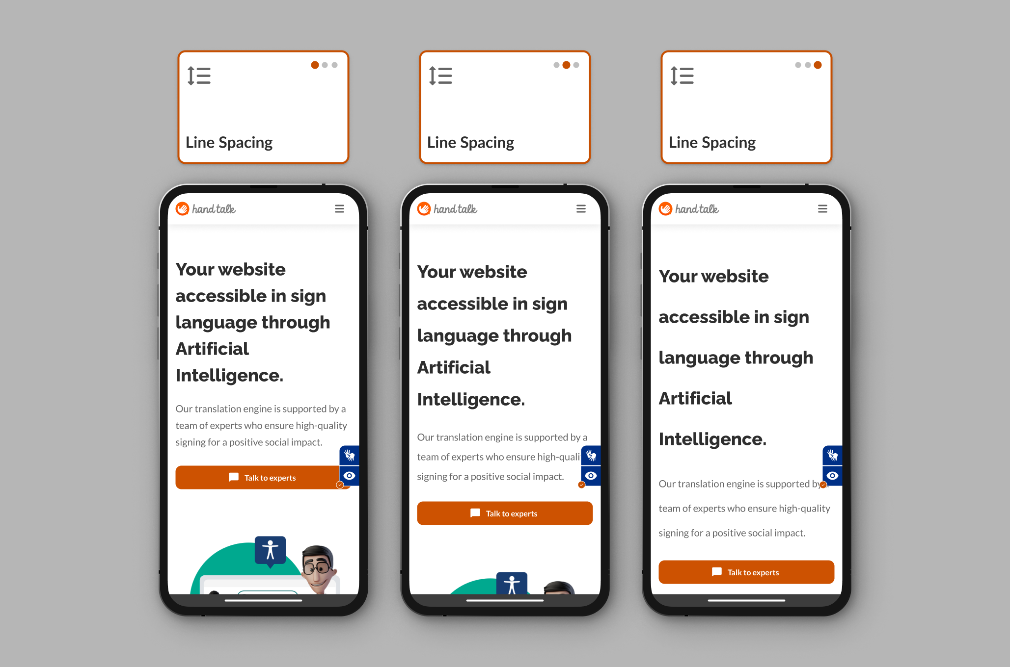A montage showing the three line spacing options on the Hand Talk site