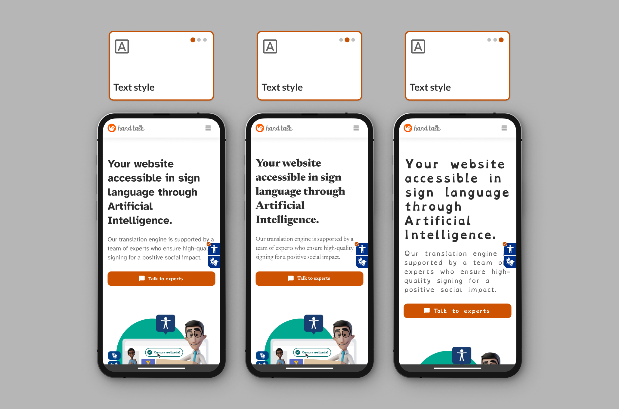 A montage showing the three font size increase options on the Hand Talk site
