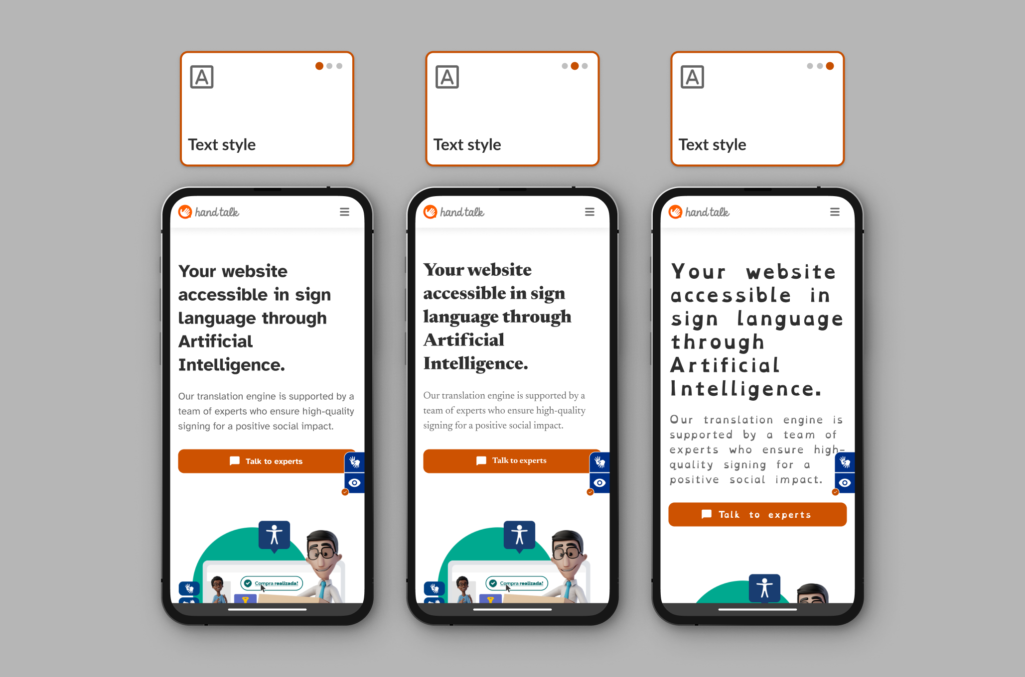 A montage showing the three font size increase options on the Hand Talk site