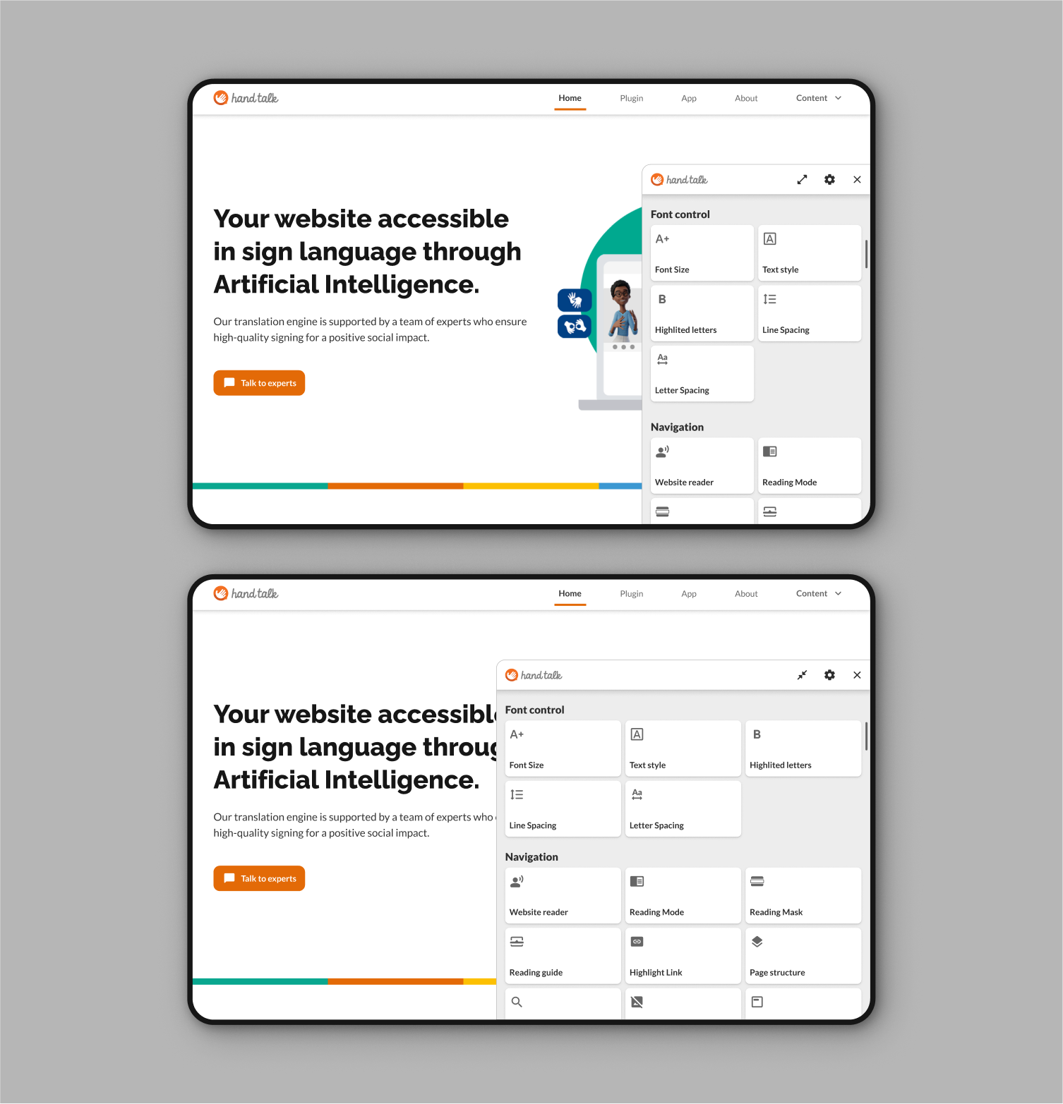 Hand Talk desktop site with Accessibility Features screen activated on top and expanded below