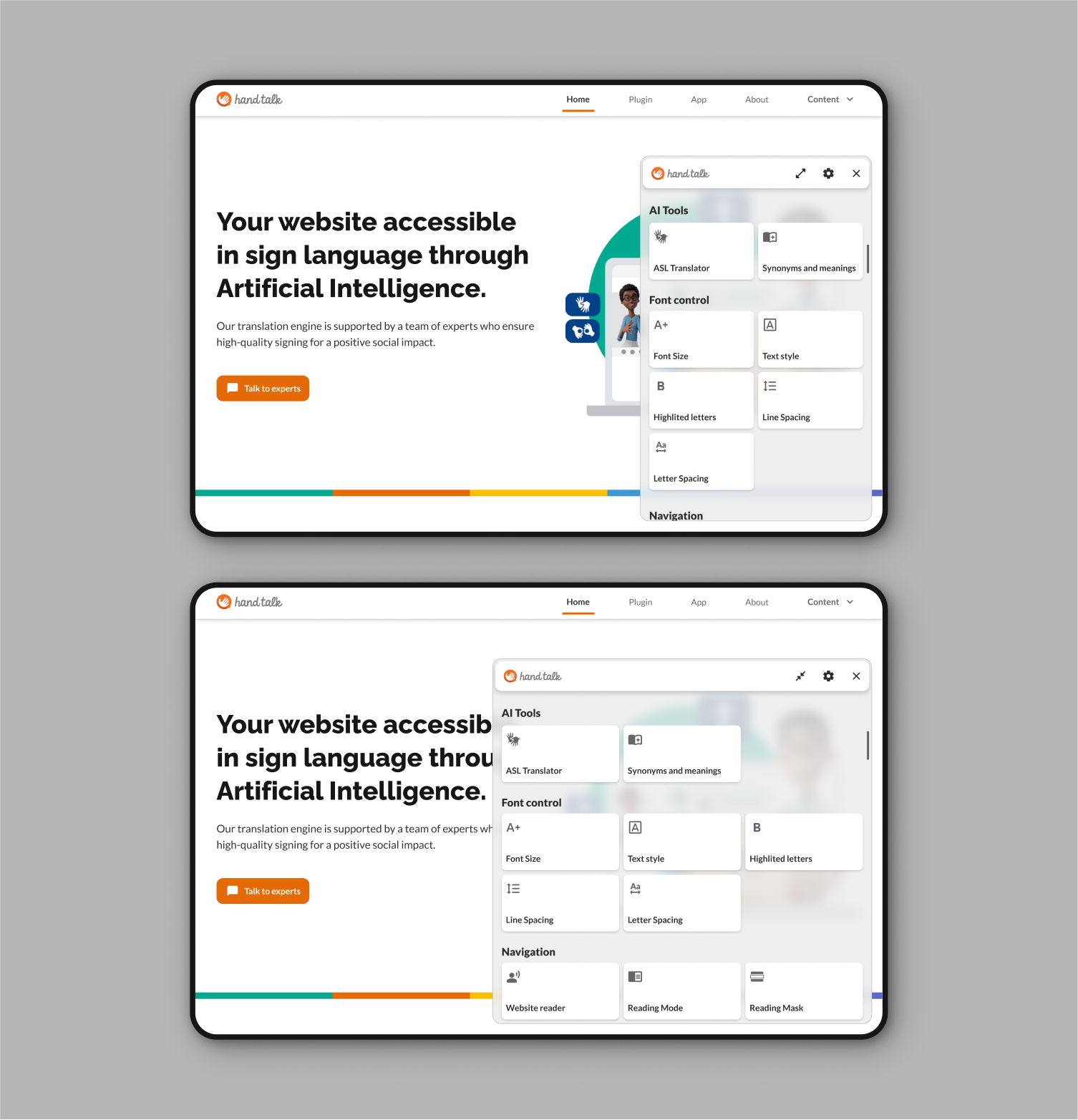 Hand Talk desktop site with Accessibility Features screen activated on top and expanded below