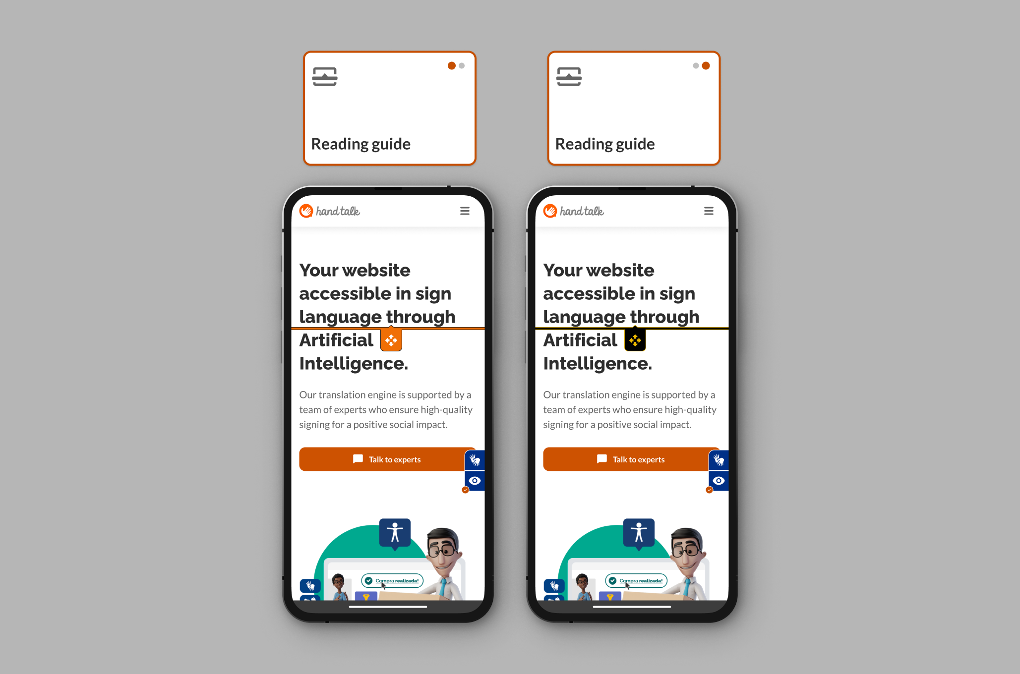 Reading Guide activated in mobile mode, on the left in orange mode and on the right in black and yellow mode