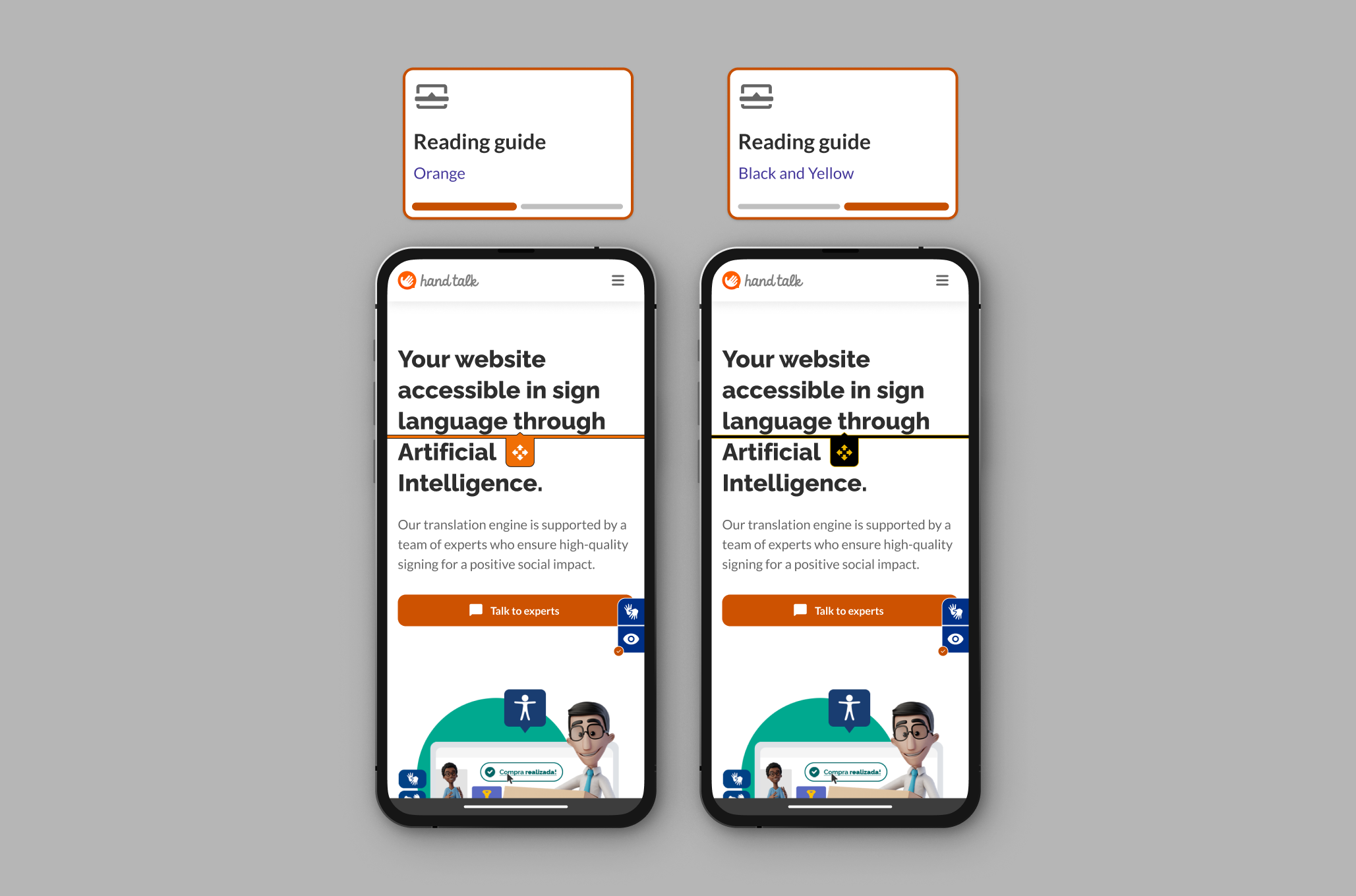 Reading guide activated, on the left in orange mode and on the right in black and yellow mode