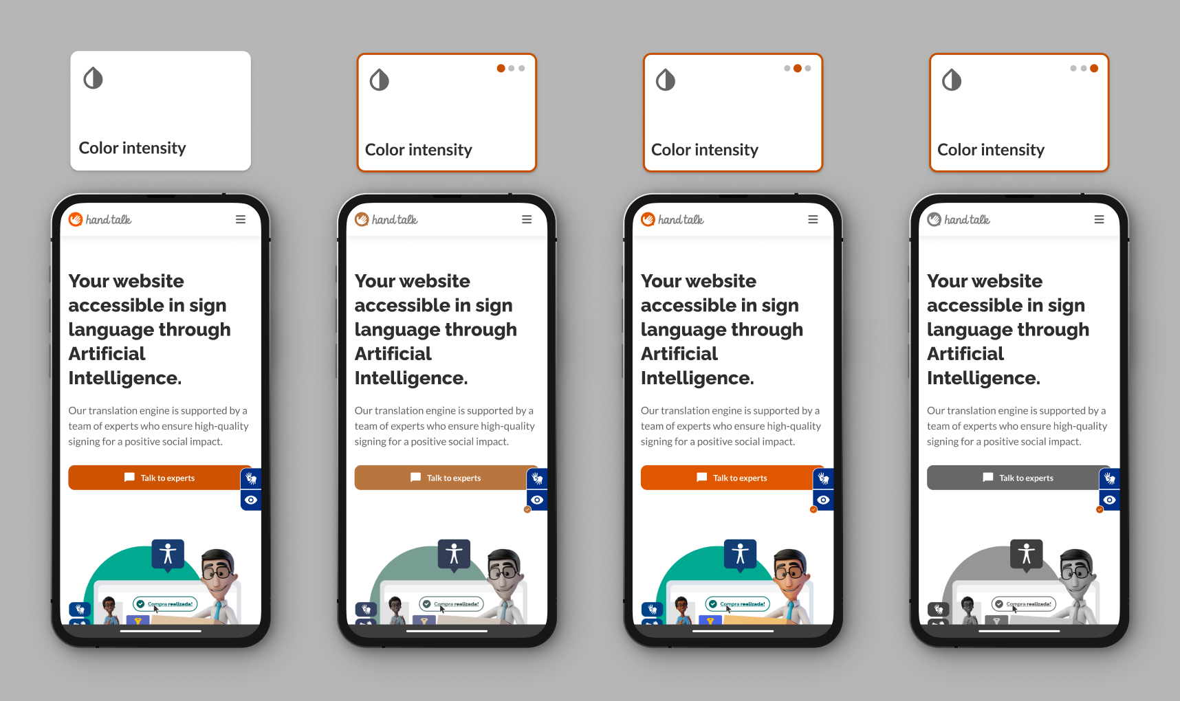 Montage showing the three Color Intensity options on the Hand Talk site