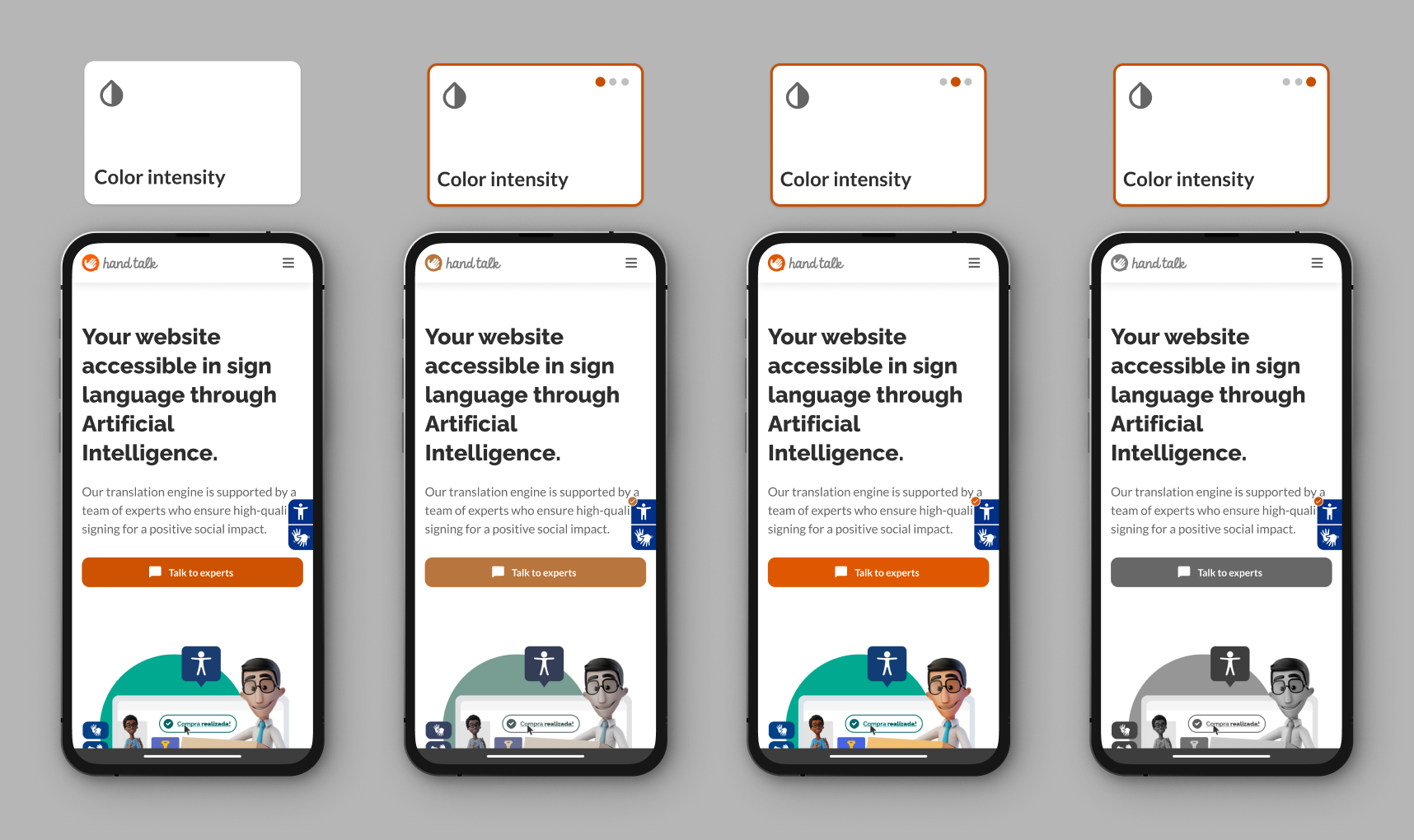 Montage showing the three Color Intensity options on the Hand Talk site