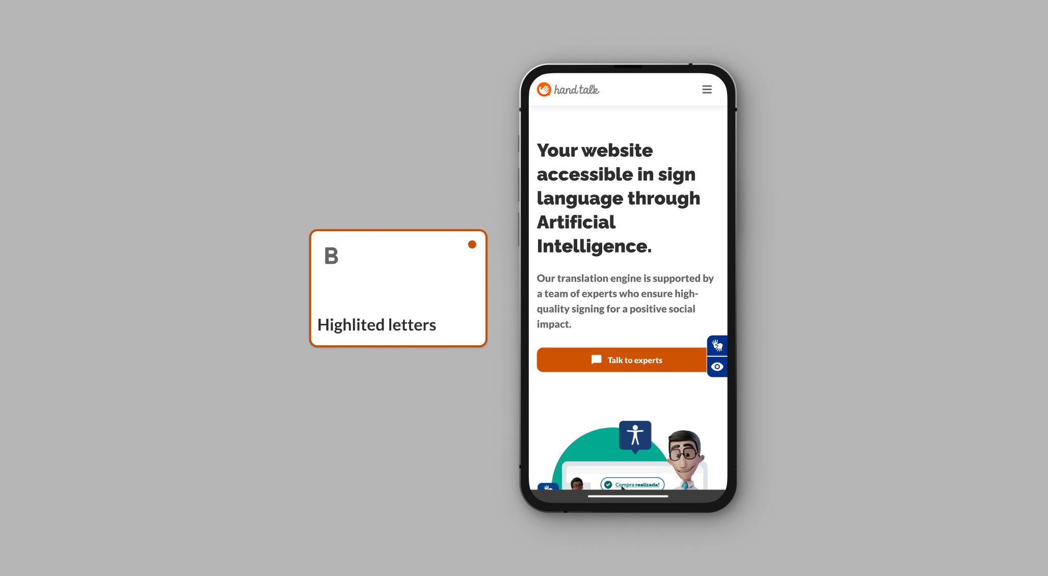 Highlighted letters feature activated on the Hand Talk site