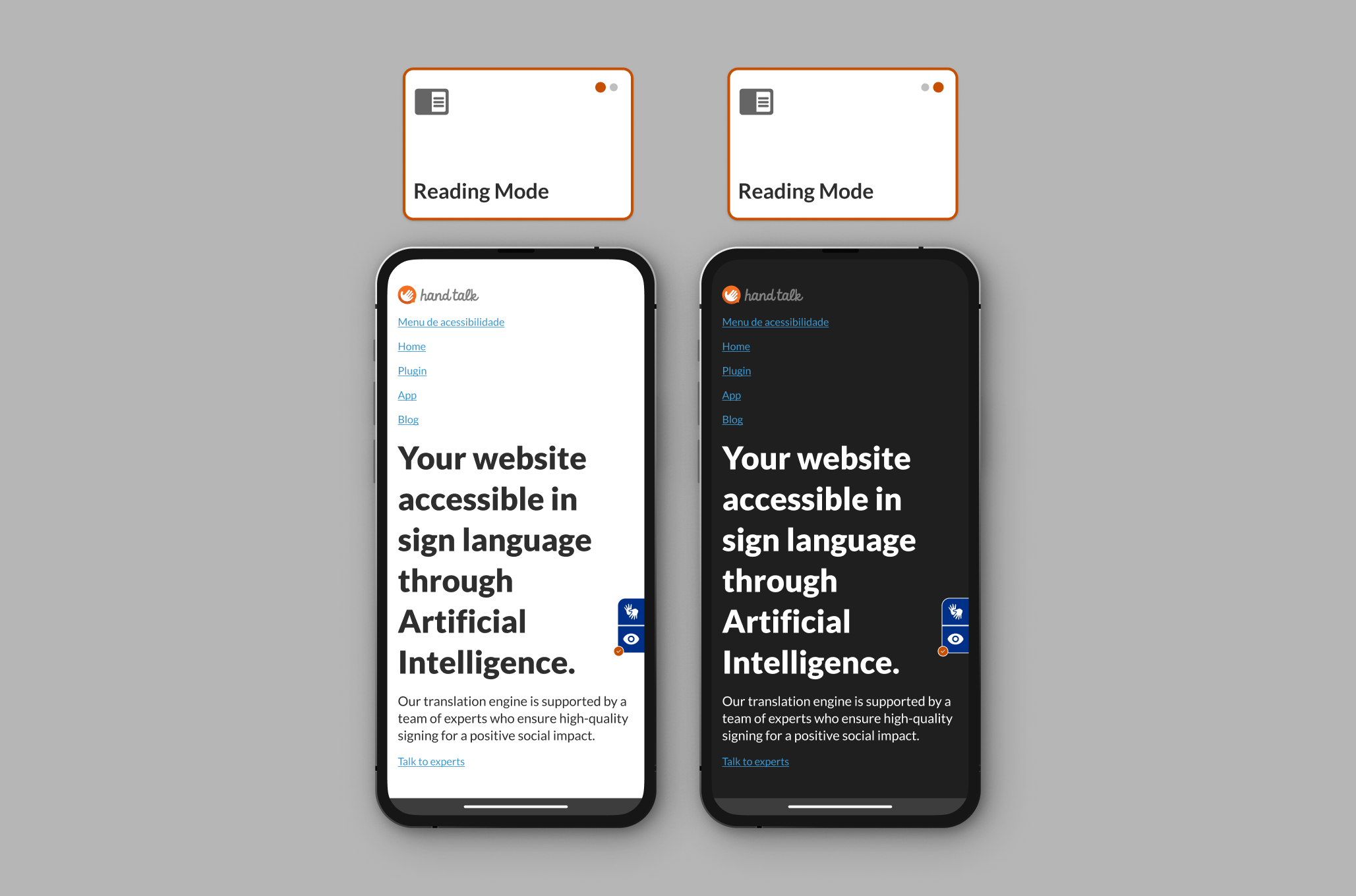 Reading Mode activated in light and dark mode on the Hand Talk site