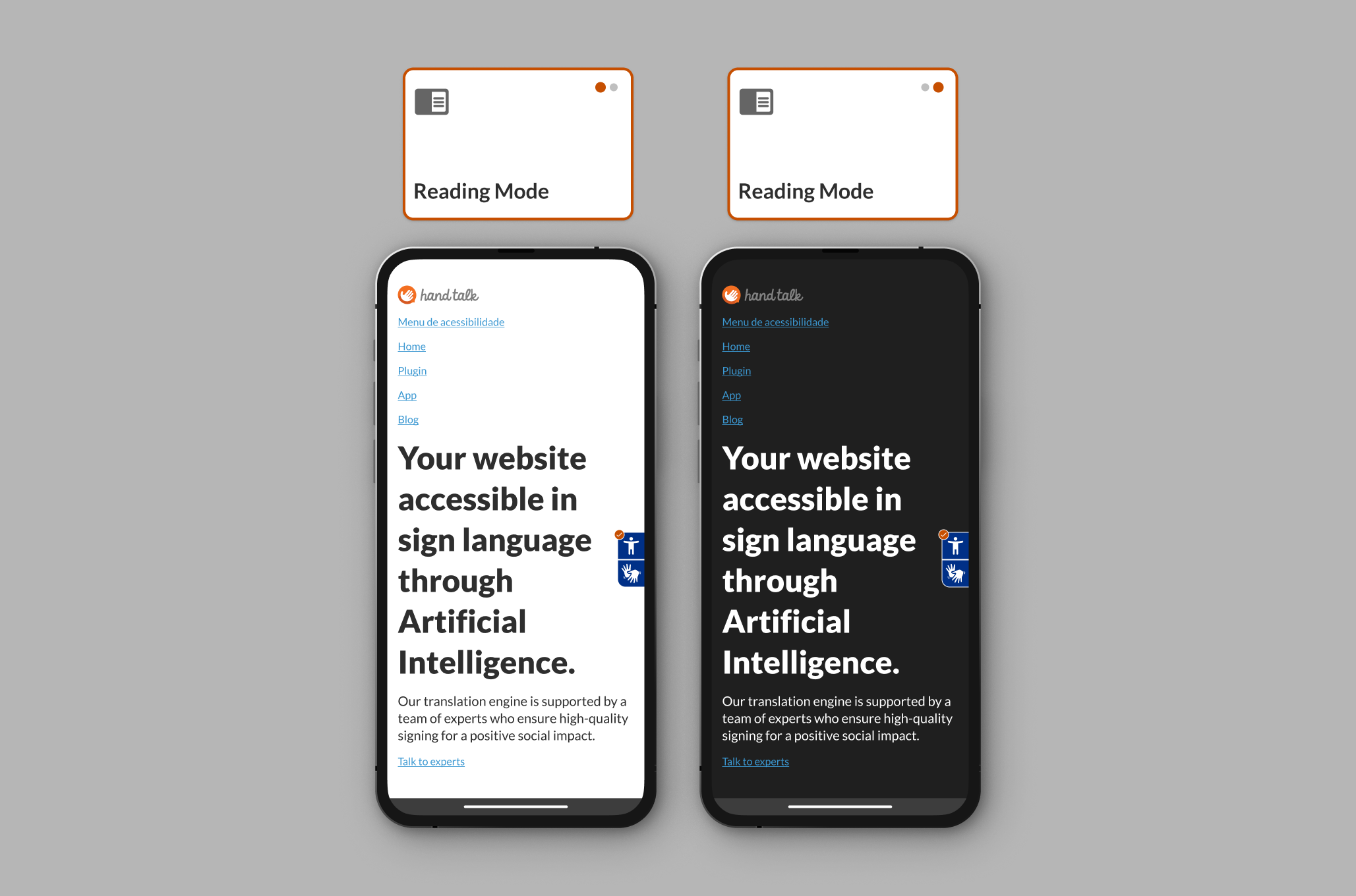 Reading Mode activated in light and dark mode on the Hand Talk site