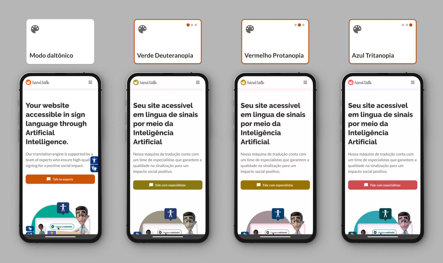 Preview of the three Colorblind Mode options on the Hand Talk website