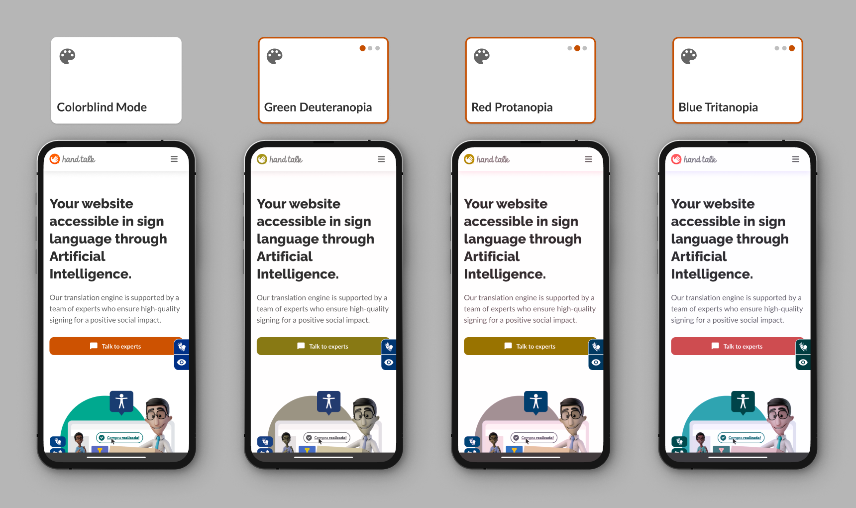 Preview of the three Colorblind Mode options on the Hand Talk website