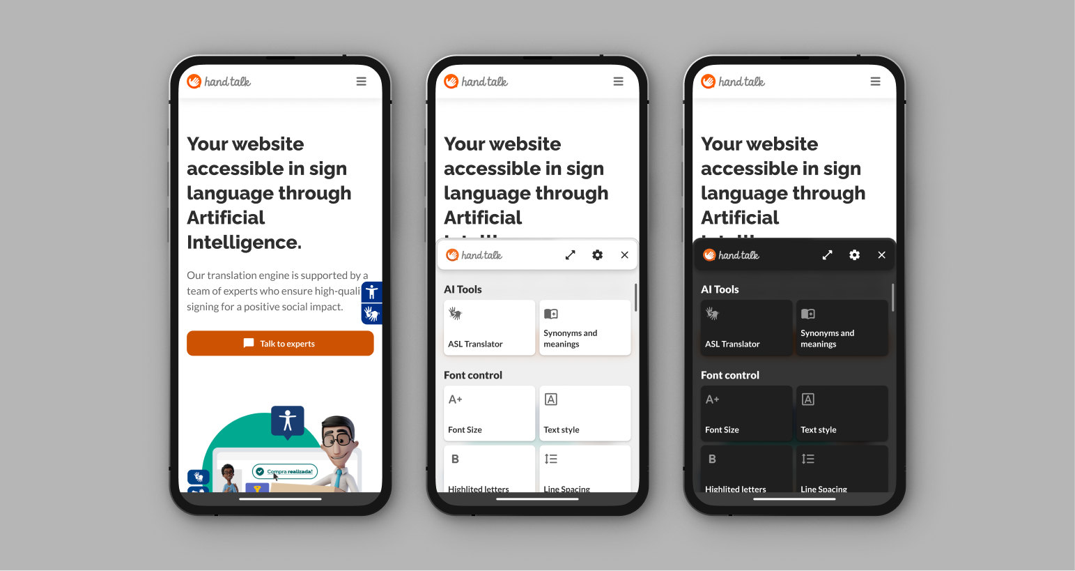 A montage of three screens, all on the Hand Talk mobile site. The first shows the plugin closed. The second displays the Accessibility Features screen in light mode. The third shows the Accessibility Features screen in dark mode.