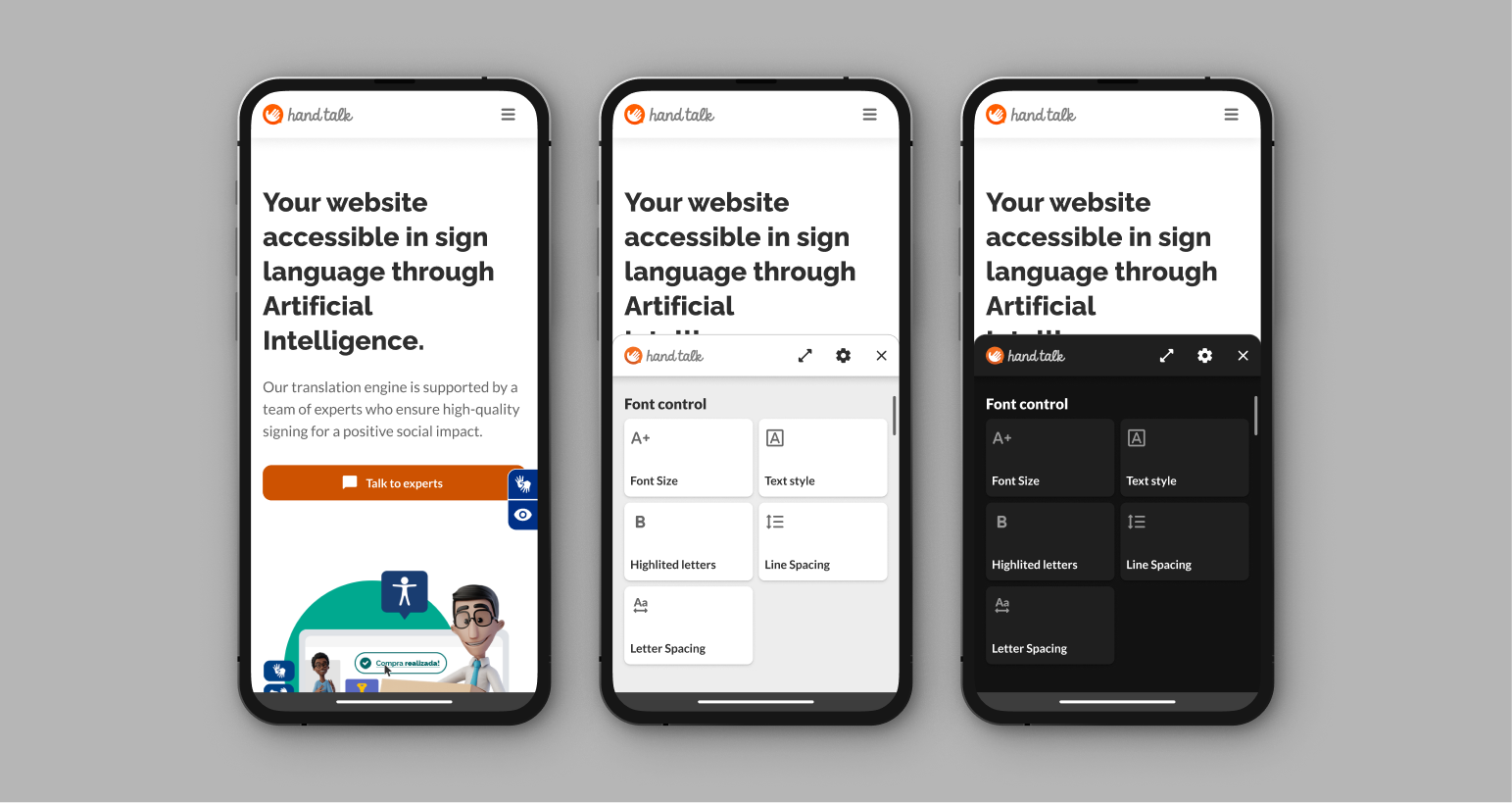 A montage of three screens, all on the Hand Talk mobile site. The first shows the plugin closed. The second displays the Accessibility Features screen in light mode. The third shows the Accessibility Features screen in dark mode.