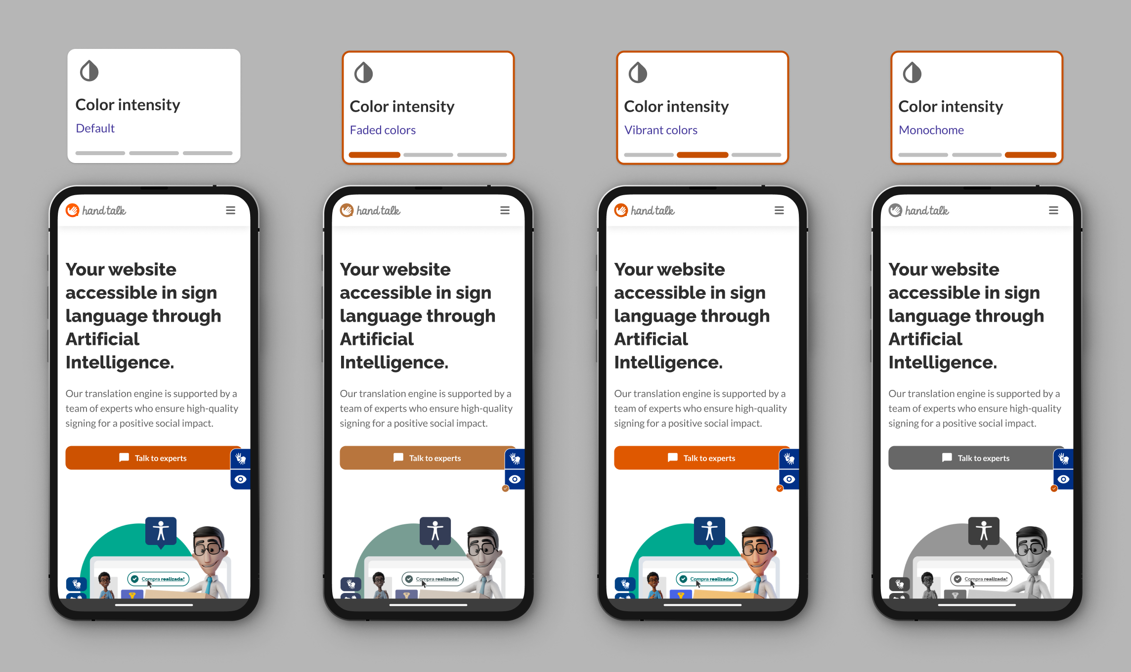 Assembly with the three saturation options on the Hand Talk website