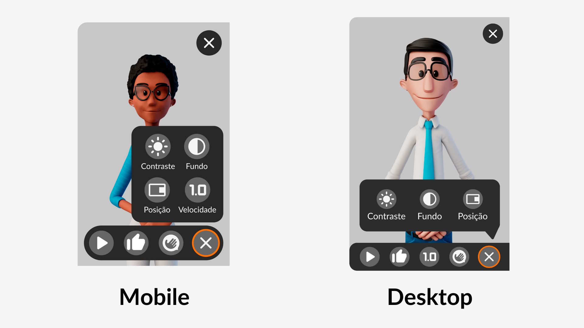 Site Translator window in the mobile version open with Maya stopped and next to it in the desktop version with Hugo stopped, both with the settings section open.