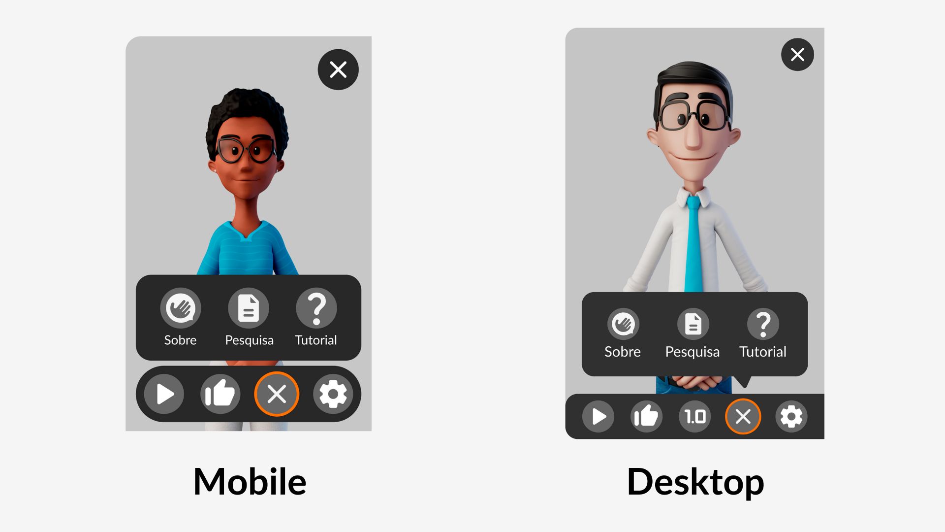 Website Translator window in the mobile version open with Maya stopped and next to it in the desktop version with Hugo stopped, both with the information section open.