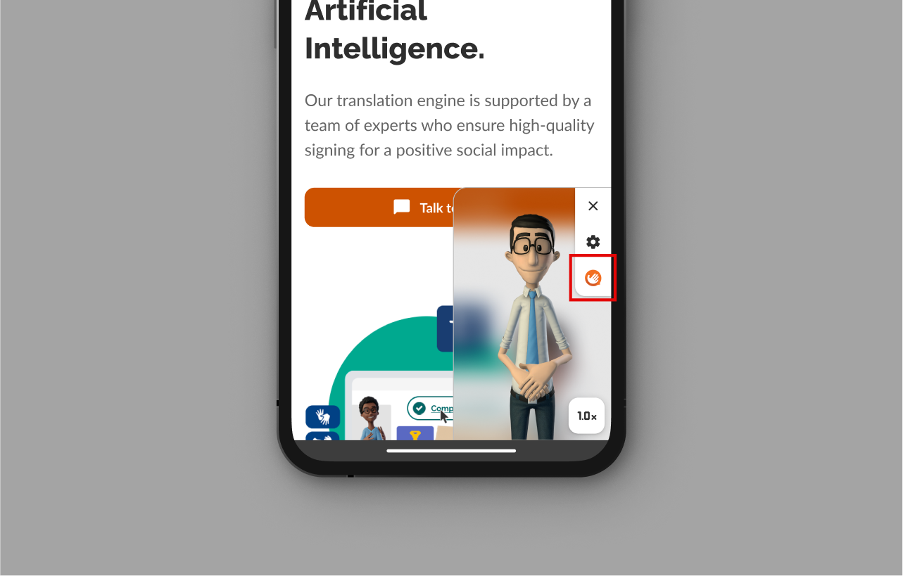 Translator open with red square signaling the button leading to the Hand Talk website.
