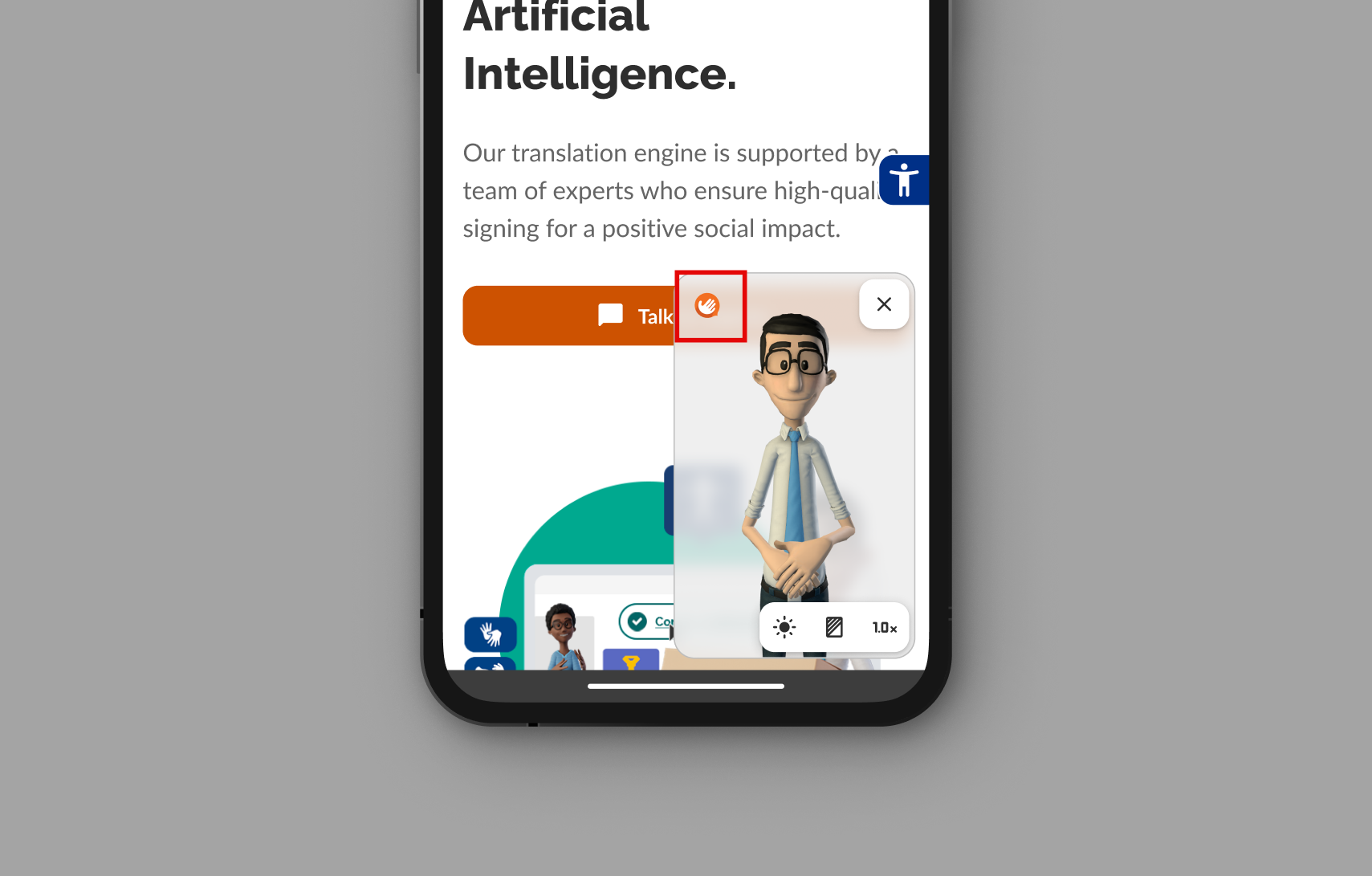 Translator open with red square signaling the button leading to the Hand Talk website.