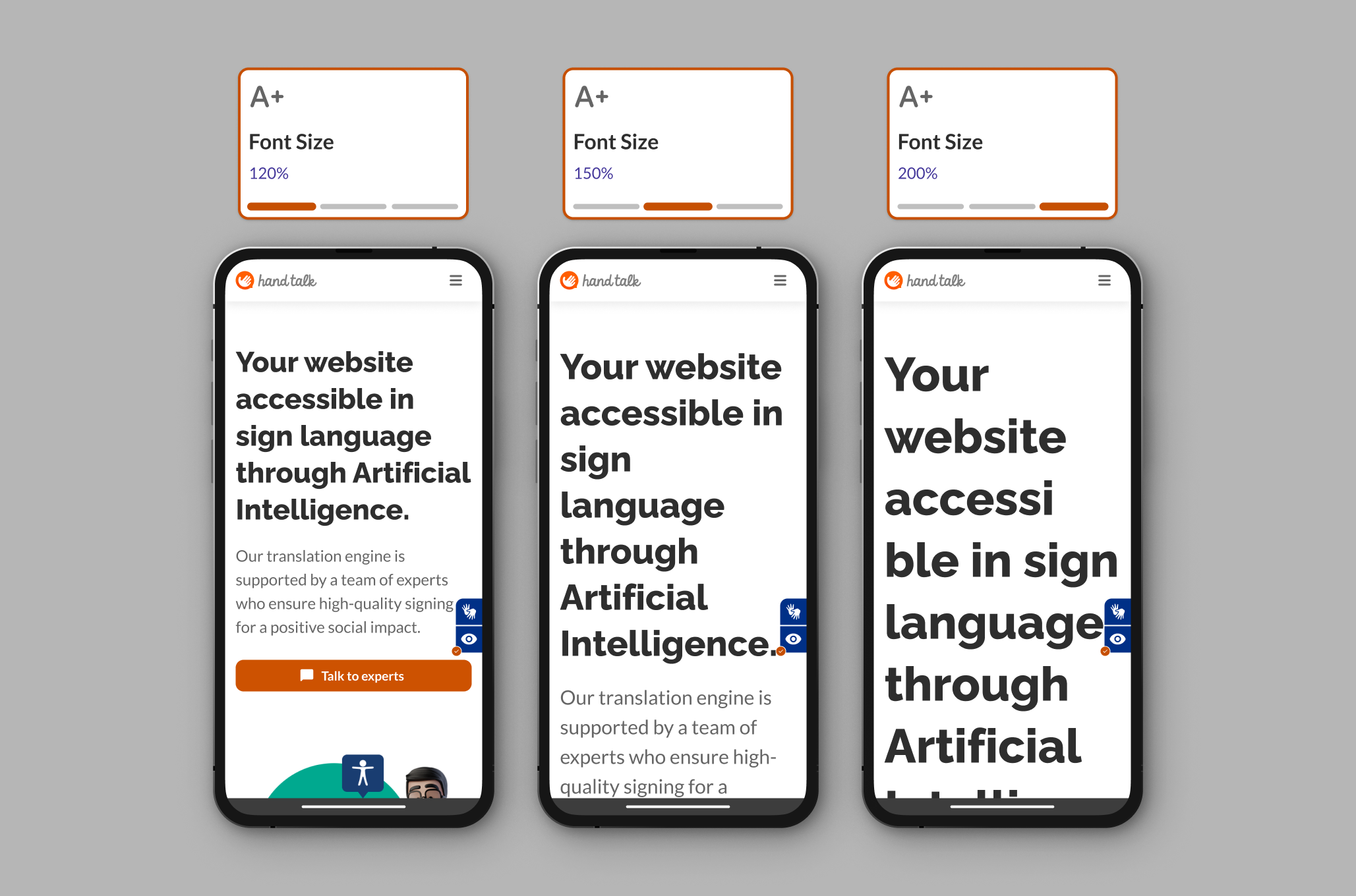 Montage with the three options for increasing the font size on the Hand Talk website