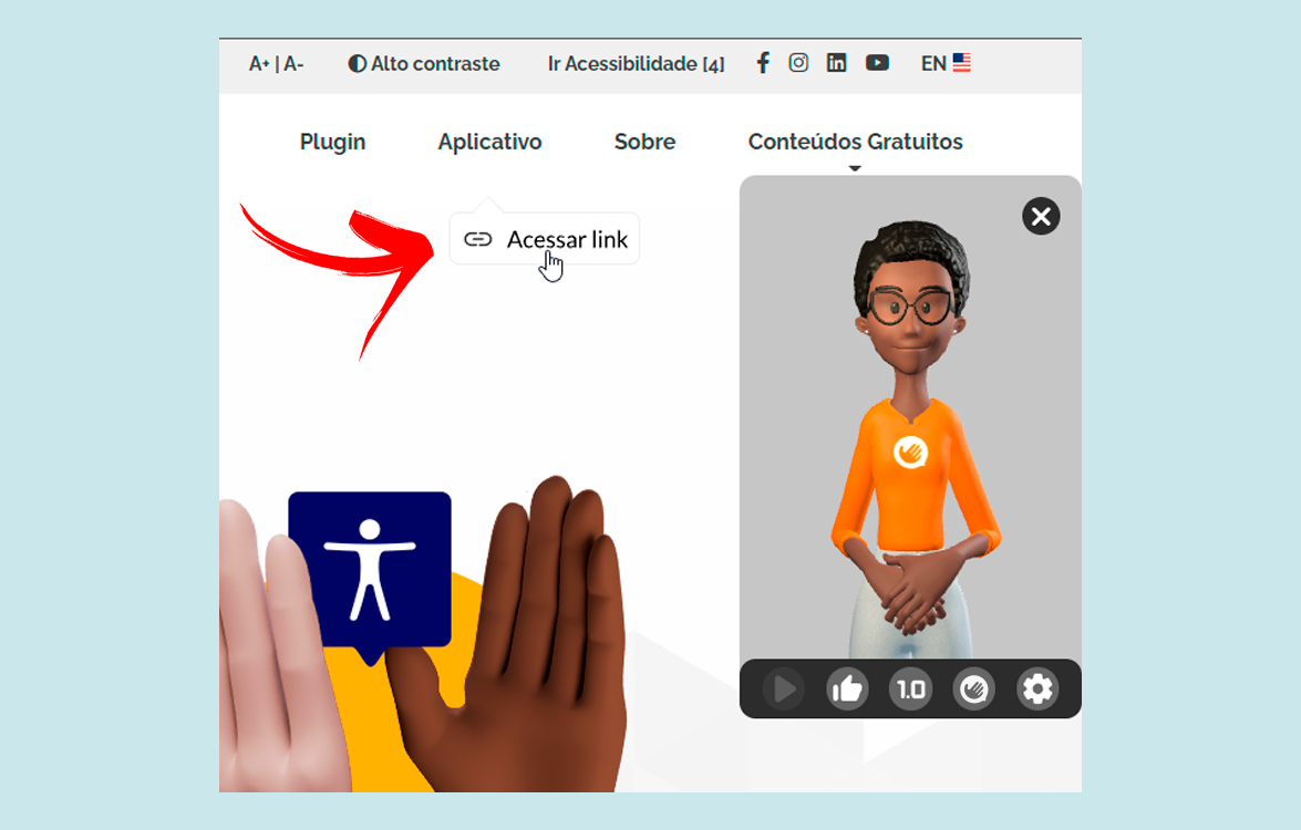 Libras window open with Maya stopped and an arrow pointing to the Access Link button.