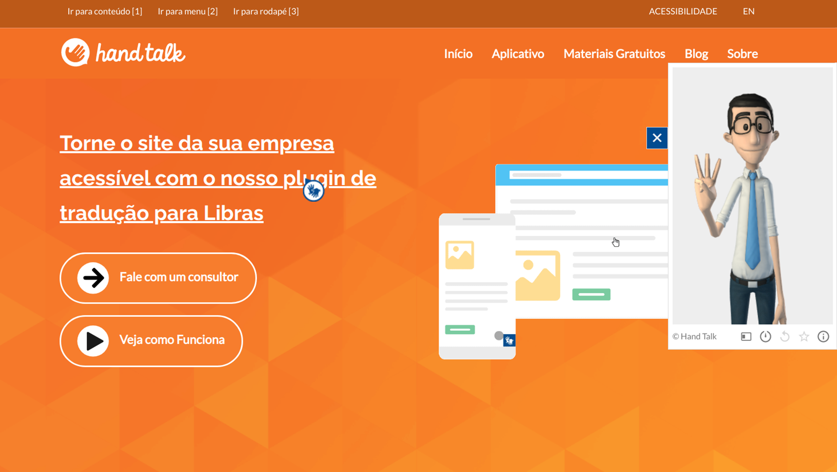 Libras window open on the right, text being clicked and Hugo translating it.